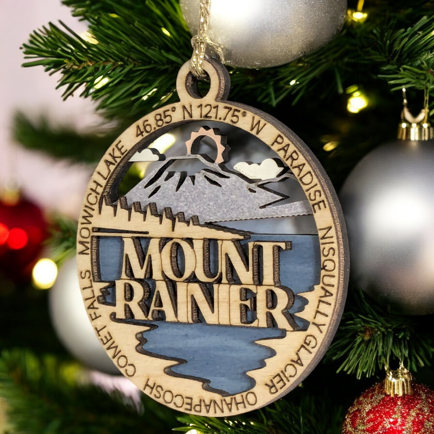 Mount Rainier National Park Wooden Ornament - Handcrafted 3" Christmas Decoration featuring Mowich Lake