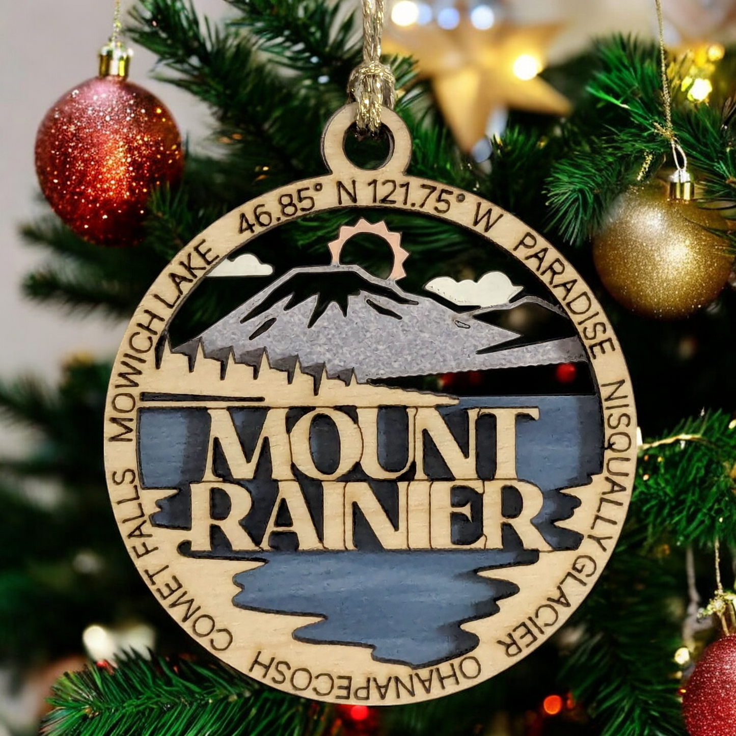 Mount Rainier National Park Wooden Ornament - Handcrafted 3" Christmas Decoration featuring Mowich Lake
