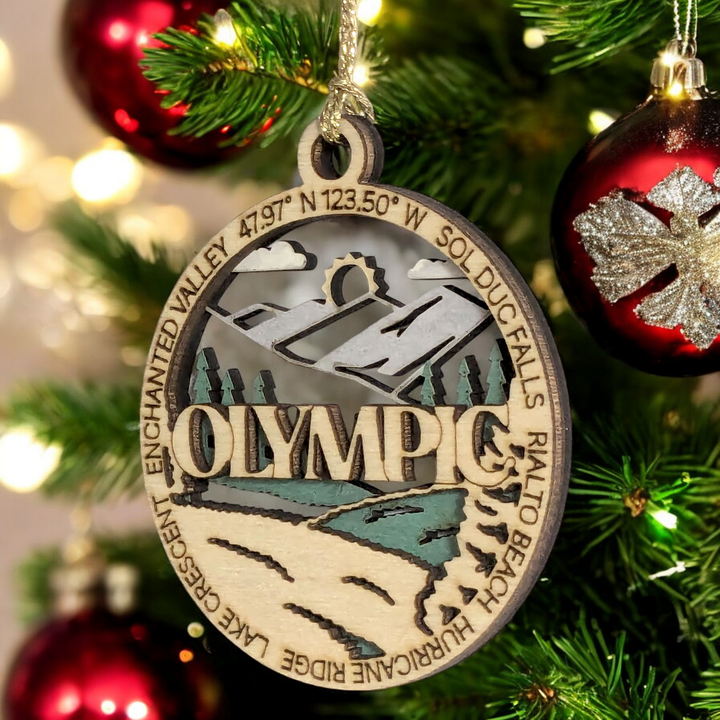 Olympic National Park Forest & Mountain Scene, 3" Laser Cut Wood Ornament - Handcrafted Christmas Decor made in USA