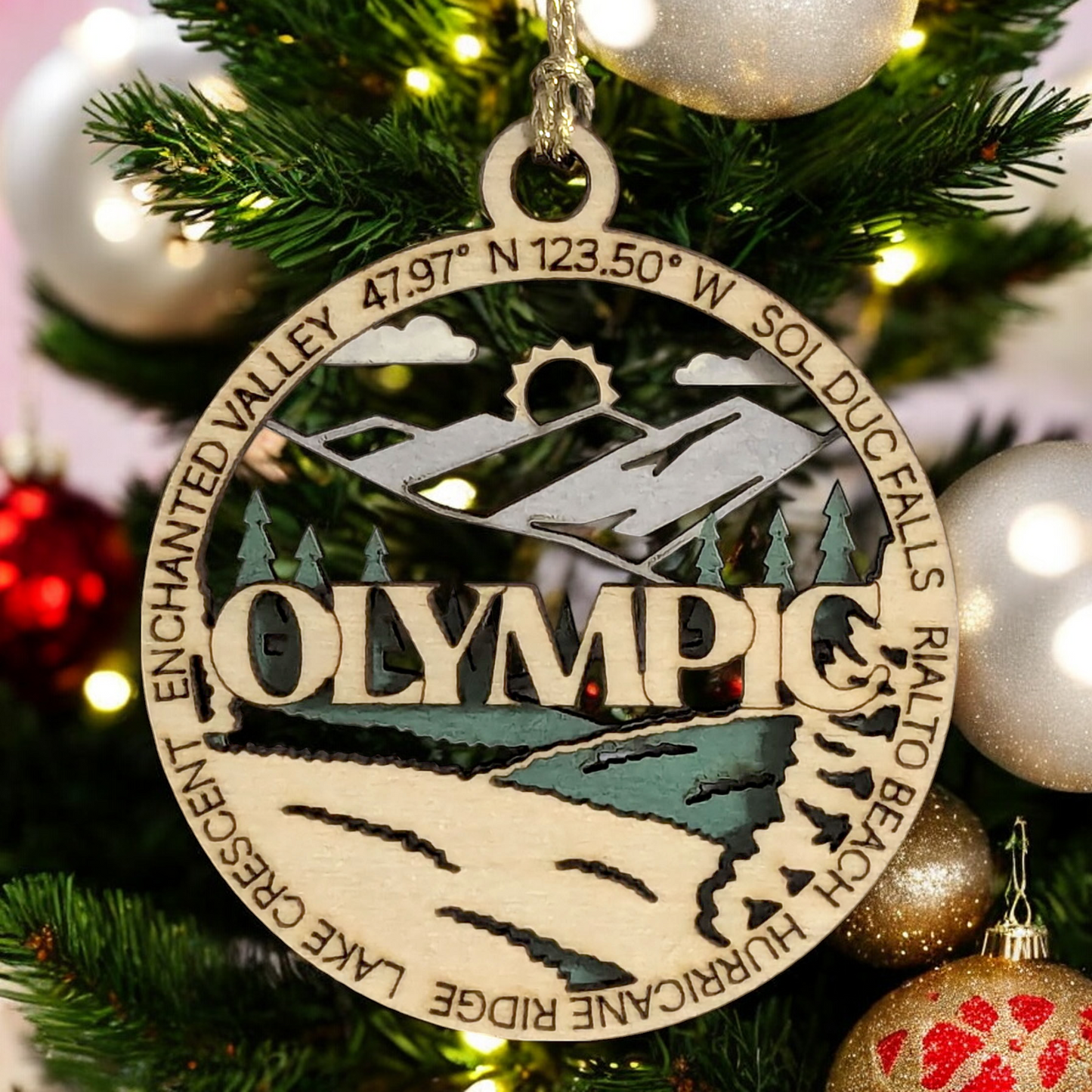 Olympic National Park Forest & Mountain Scene, 3" Laser Cut Wood Ornament - Handcrafted Christmas Decor made in USA