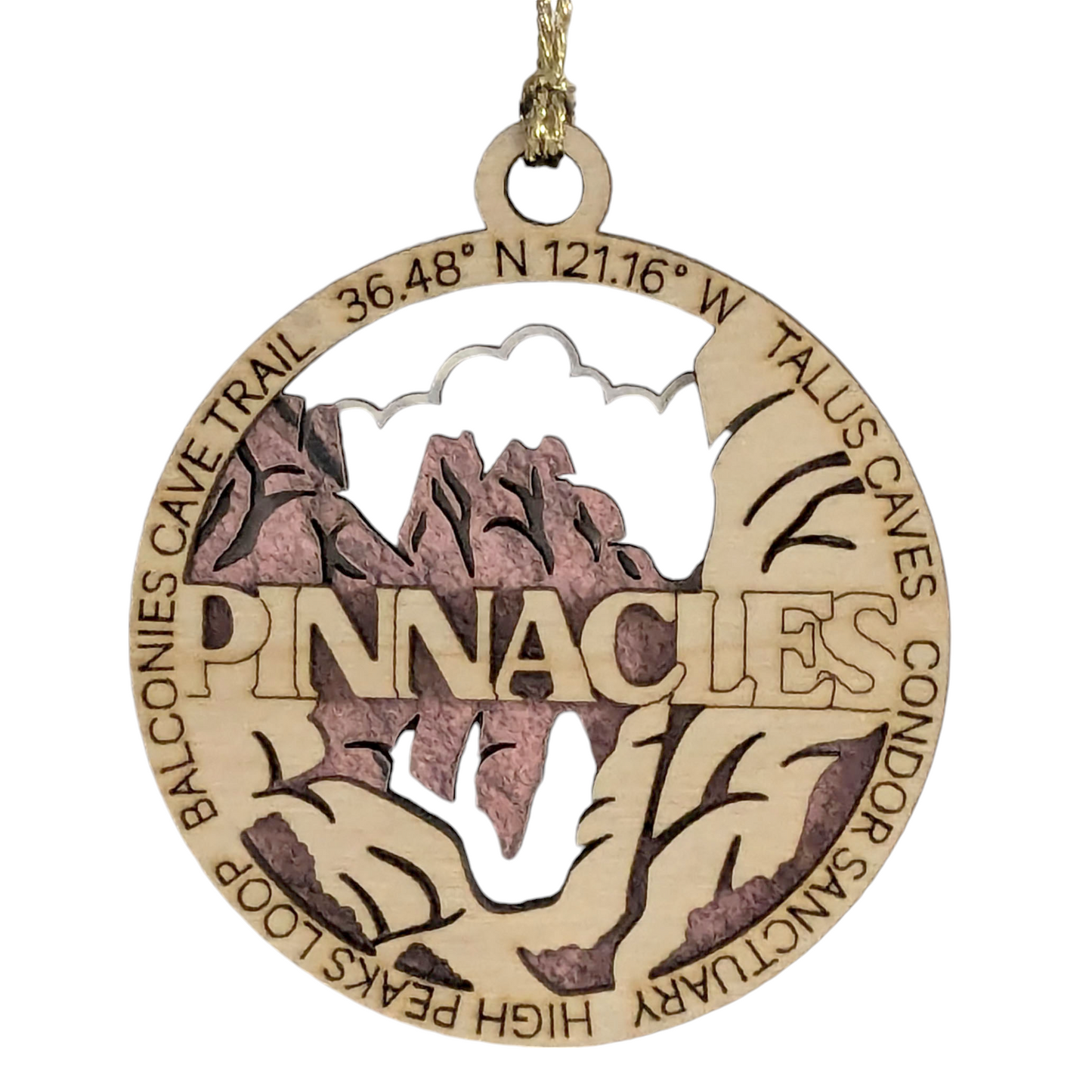 Pinnacles National Park Handcrafted Wood Ornament - 3" Round Laser Cut Christmas Decoration with Talus Caves Scene