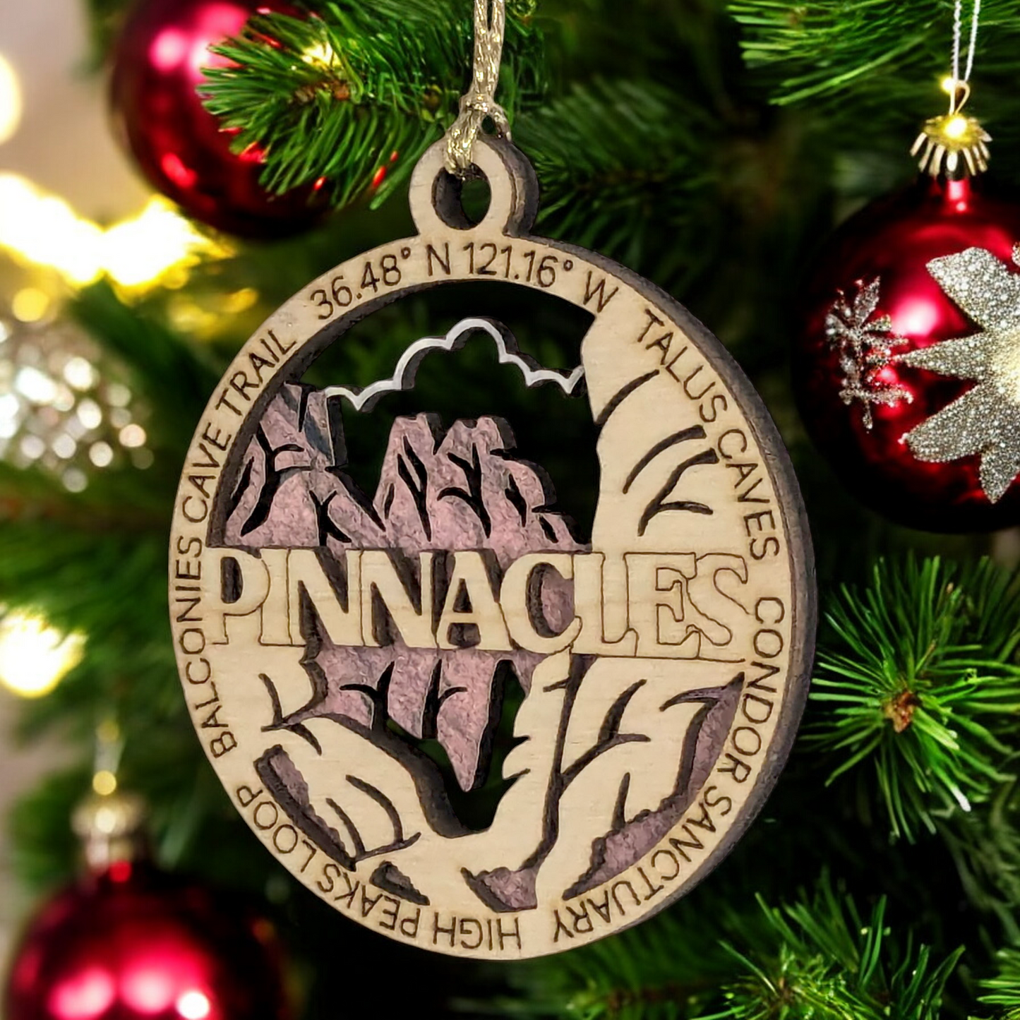 Pinnacles National Park Handcrafted Wood Ornament - 3" Round Laser Cut Christmas Decoration with Talus Caves Scene