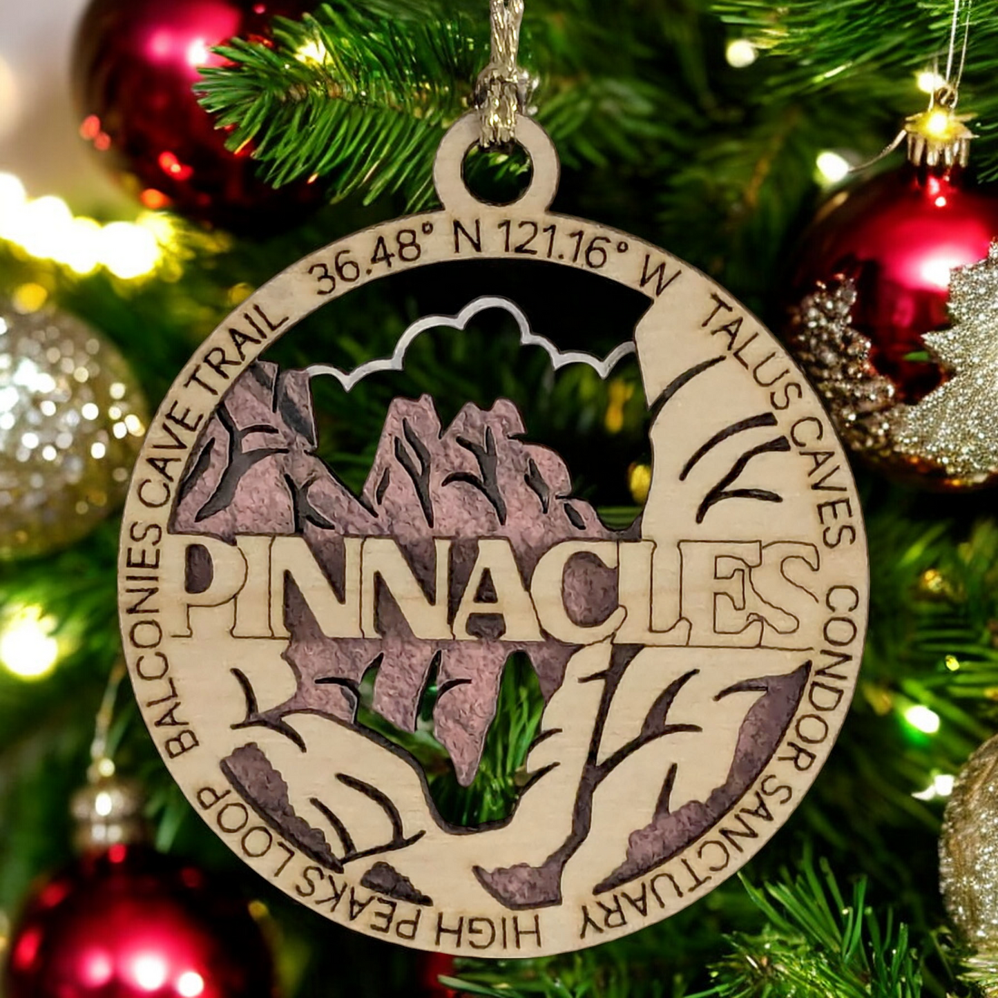 Pinnacles National Park Handcrafted Wood Ornament - 3" Round Laser Cut Christmas Decoration with Talus Caves Scene