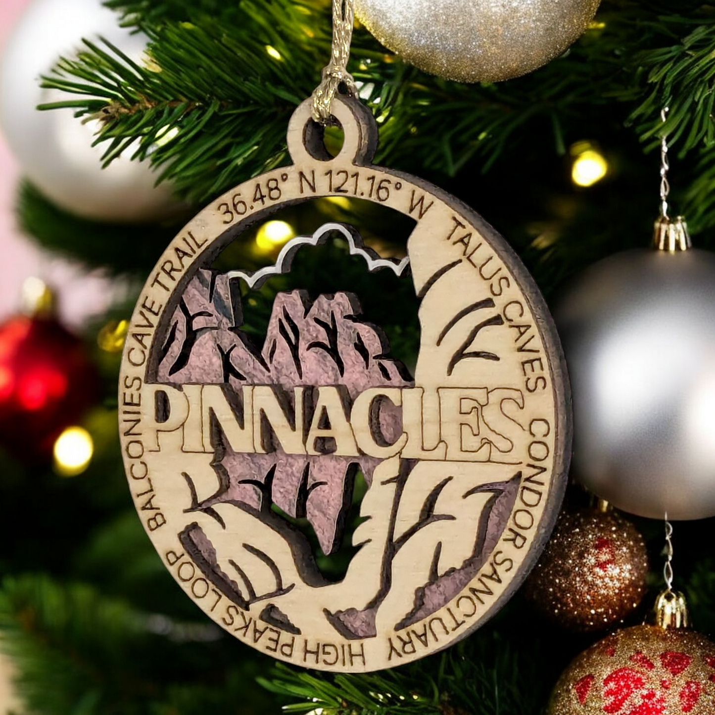 Pinnacles National Park Handcrafted Wood Ornament - 3" Round Laser Cut Christmas Decoration with Talus Caves Scene