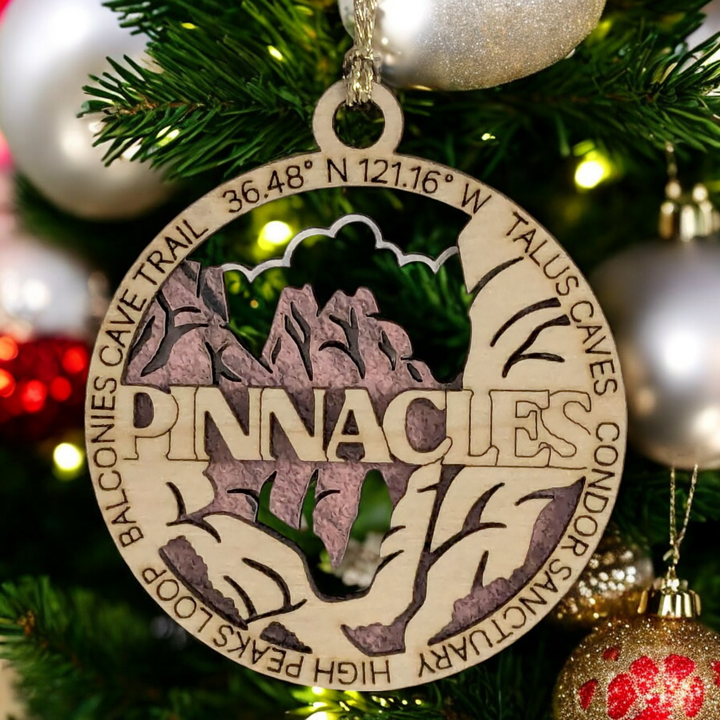 Pinnacles National Park Handcrafted Wood Ornament - 3" Round Laser Cut Christmas Decoration with Talus Caves Scene