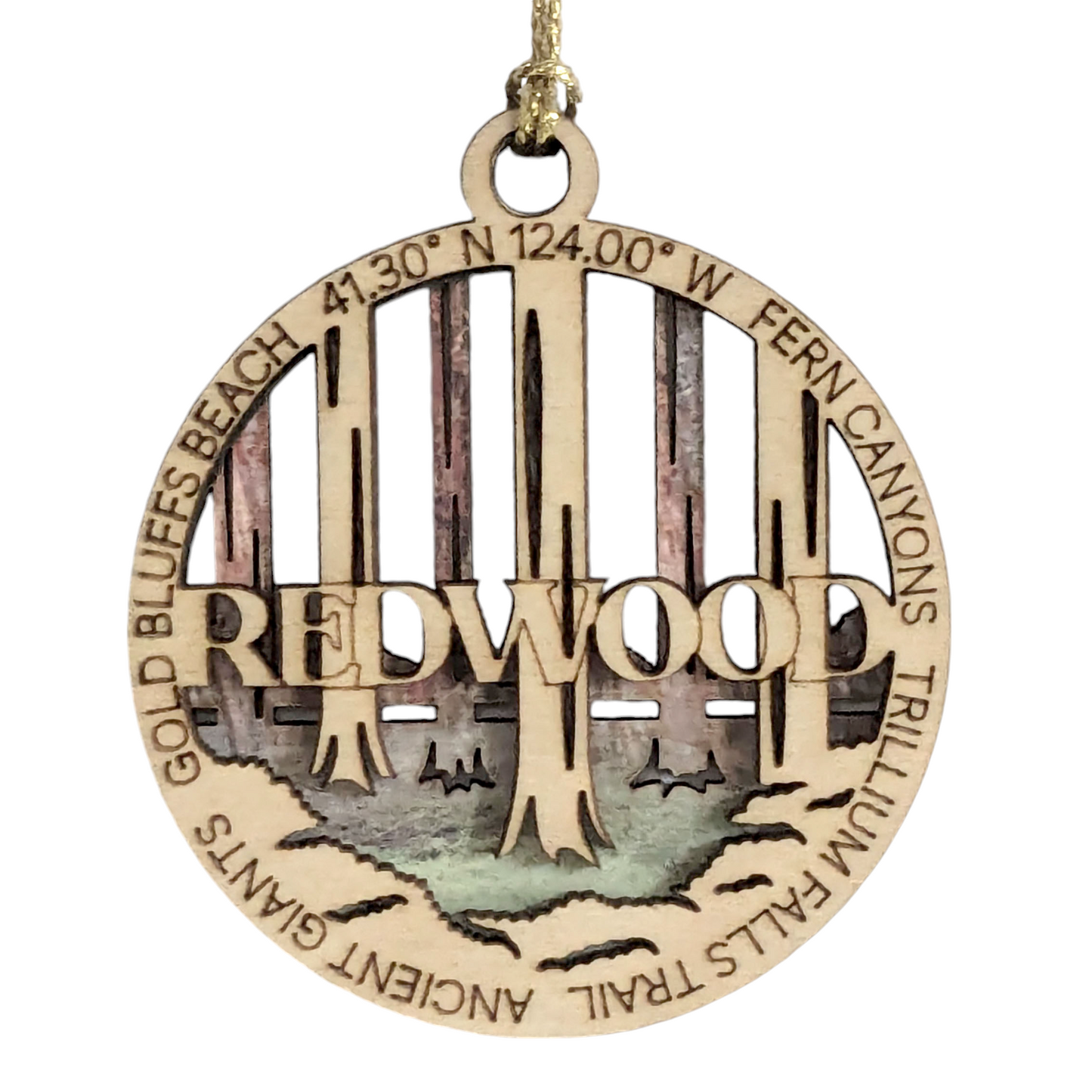 Redwood National Park Ornament - Handcrafted Wood Christmas Decoration, Laser Cut 3" Round with Forest Scene