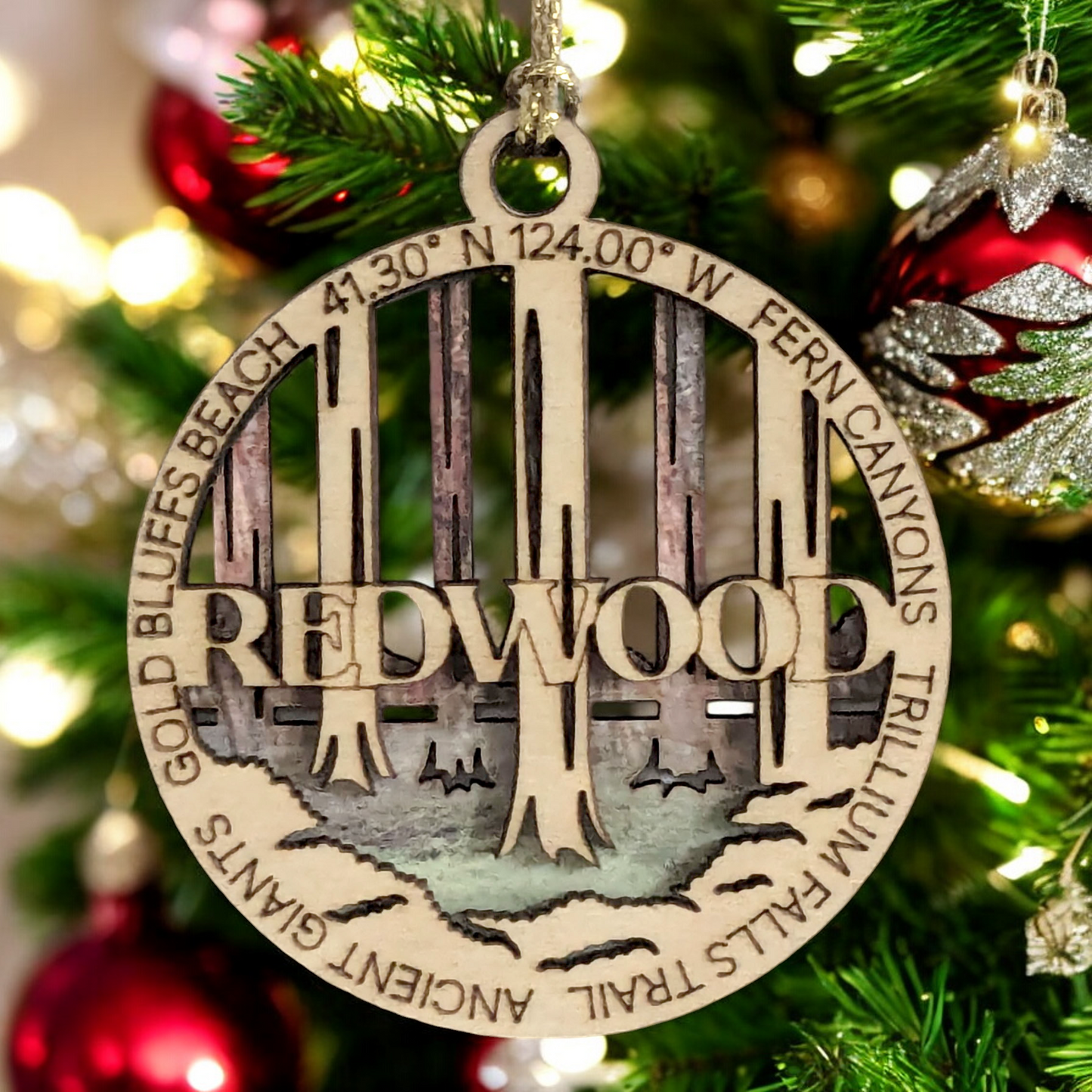 Redwood National Park Ornament - Handcrafted Wood Christmas Decoration, Laser Cut 3" Round with Forest Scene