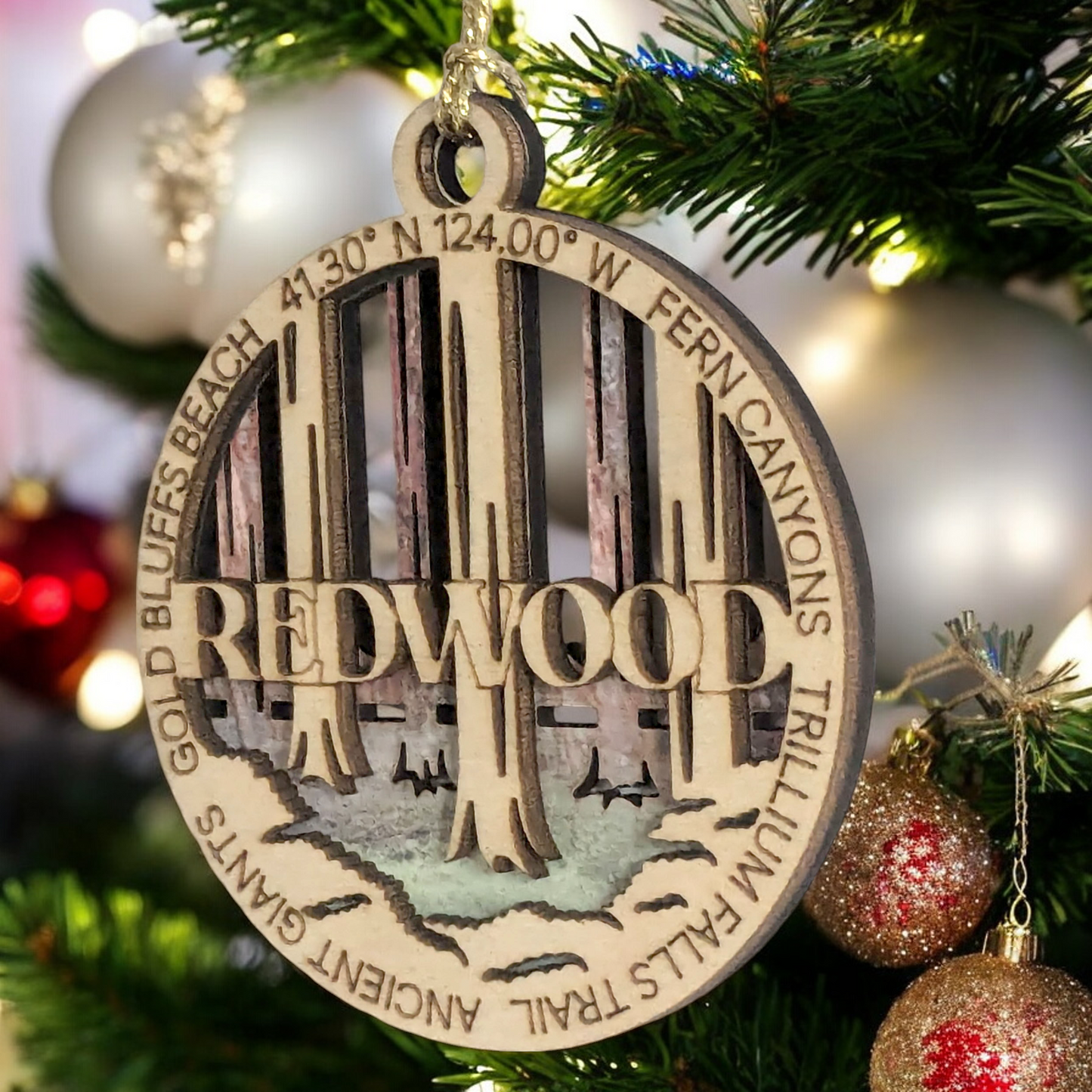 Redwood National Park Ornament - Handcrafted Wood Christmas Decoration, Laser Cut 3" Round with Forest Scene