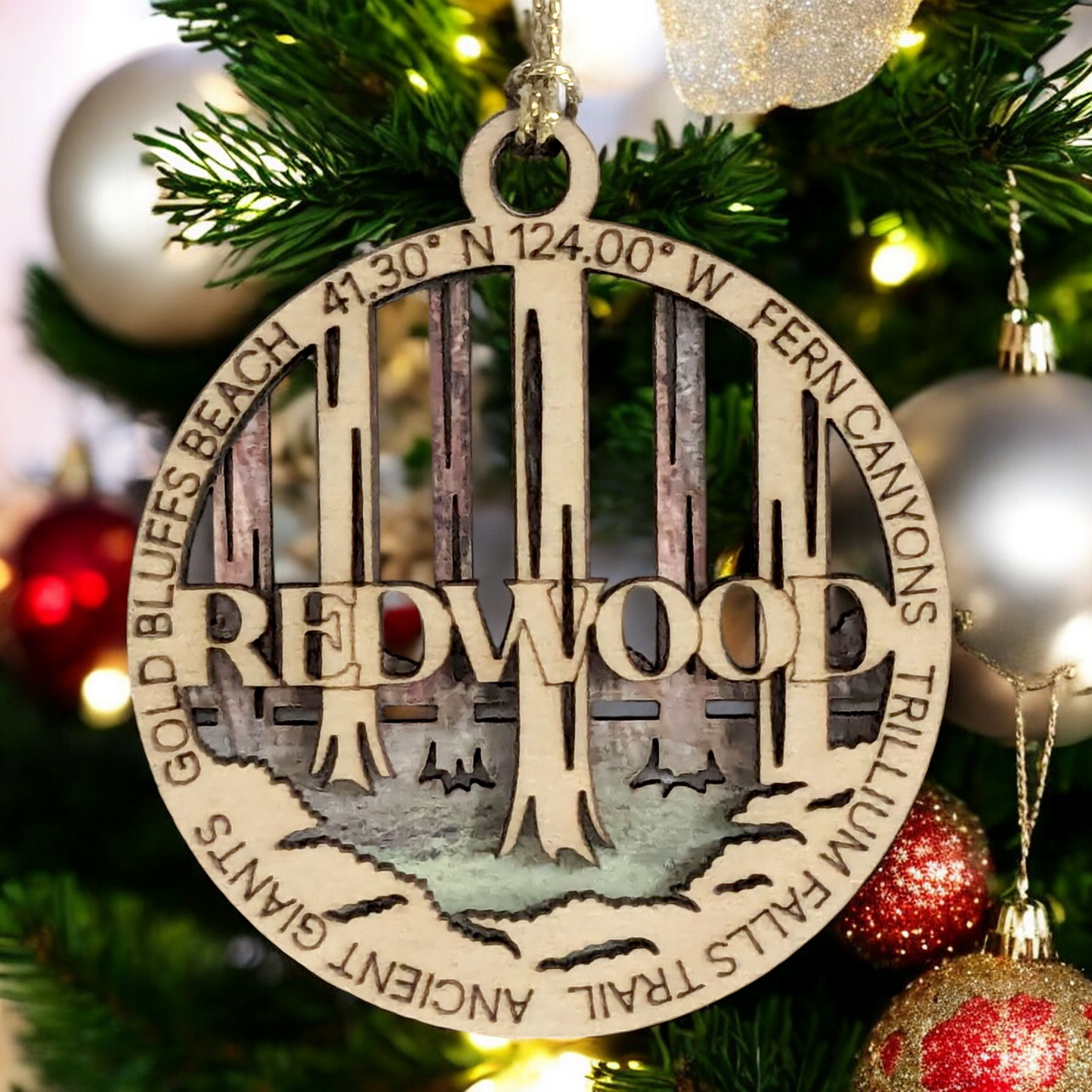 Redwood National Park Ornament - Handcrafted Wood Christmas Decoration, Laser Cut 3" Round with Forest Scene