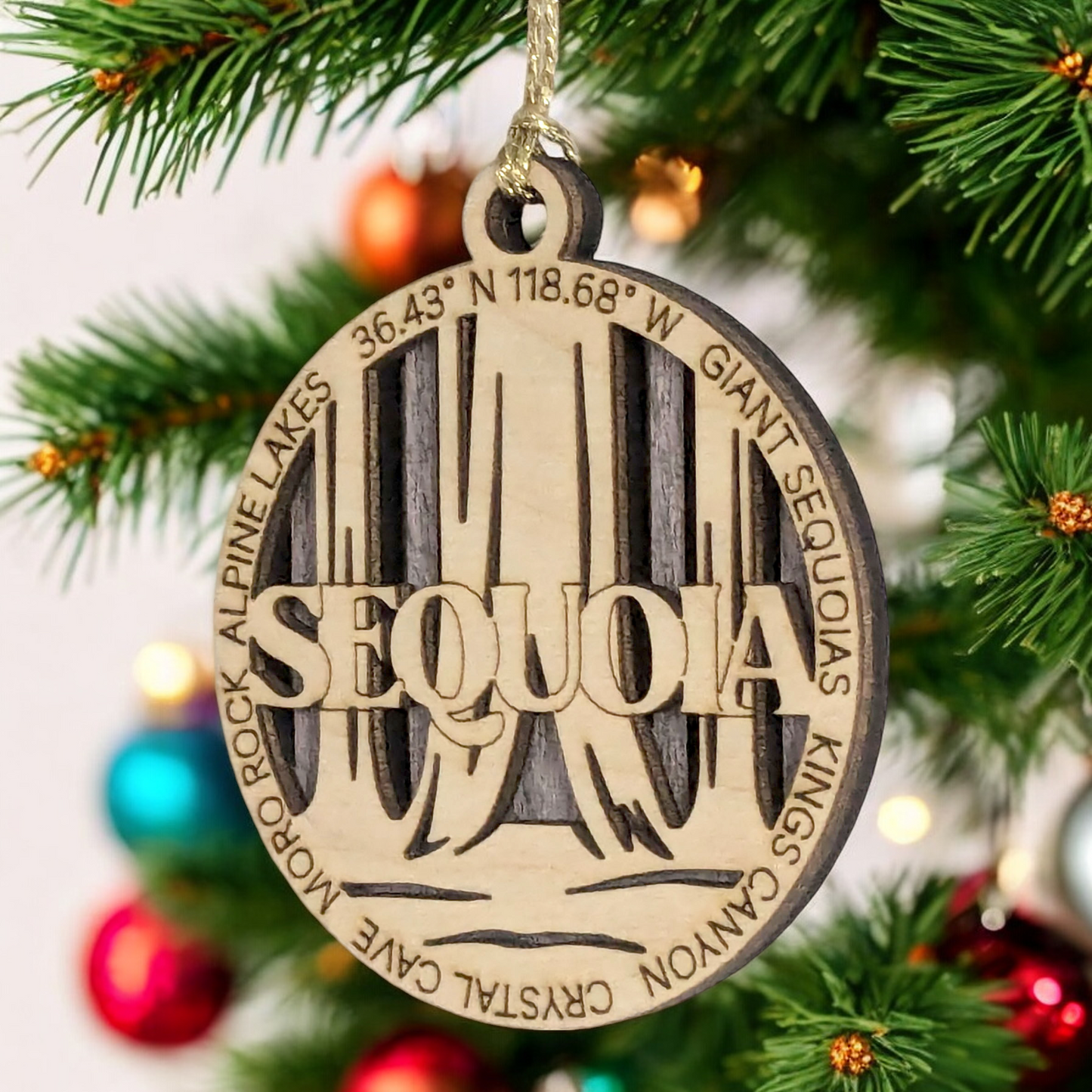 Sequoia National Park Rustic 3" Wood Ornament - Handmade in USA, Laser Cut Christmas Decoration with Forest Scene