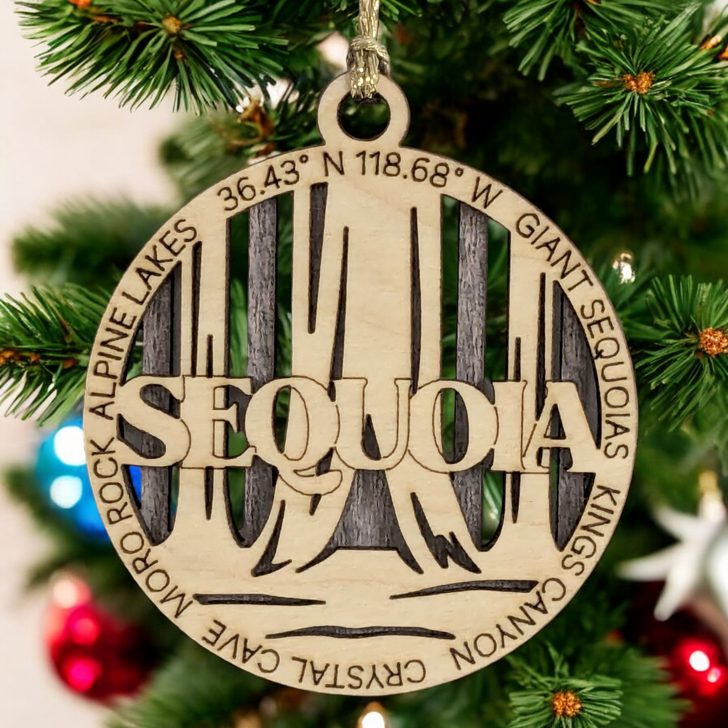 Sequoia National Park Rustic 3" Wood Ornament - Handmade in USA, Laser Cut Christmas Decoration with Forest Scene
