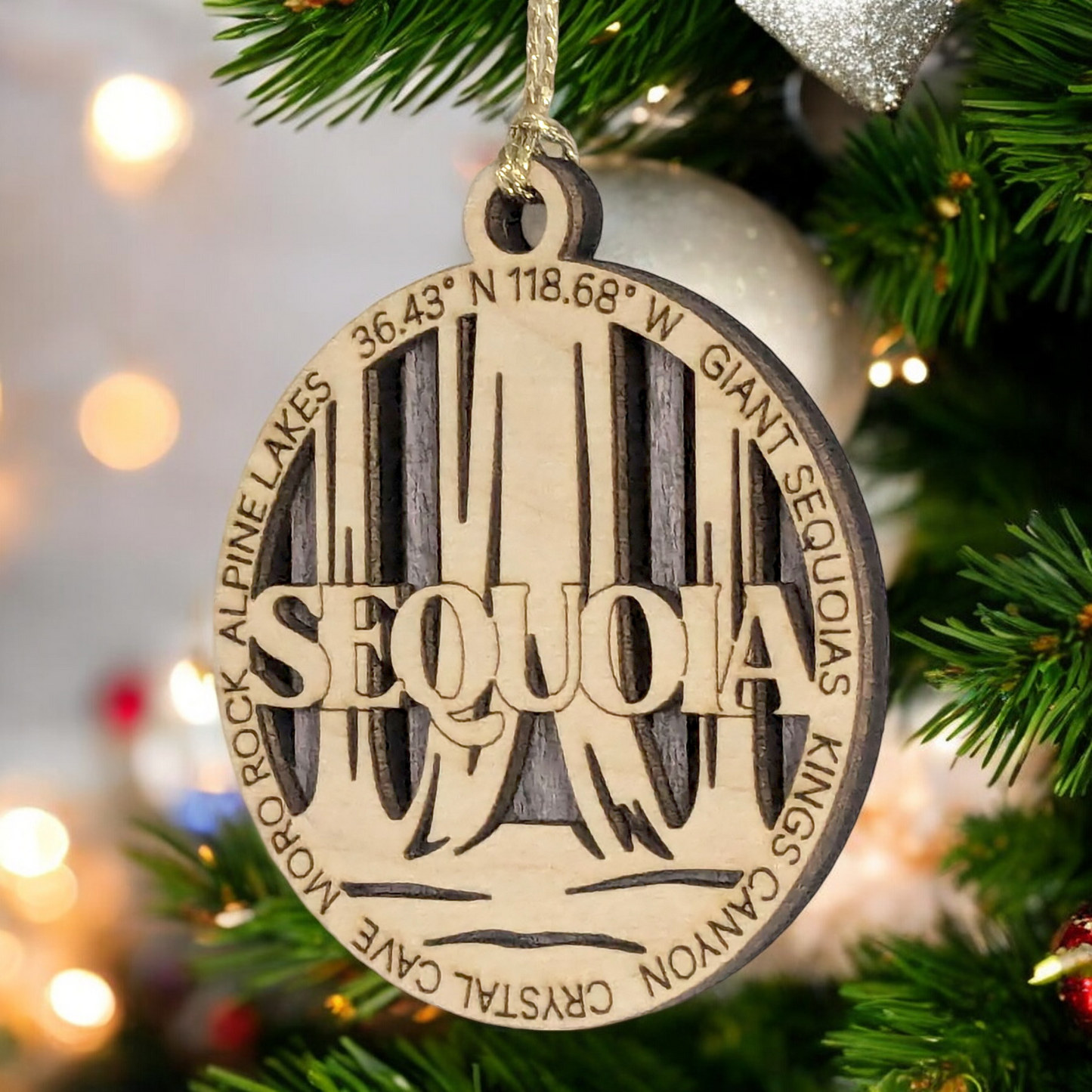 Sequoia National Park Rustic 3" Wood Ornament - Handmade in USA, Laser Cut Christmas Decoration with Forest Scene
