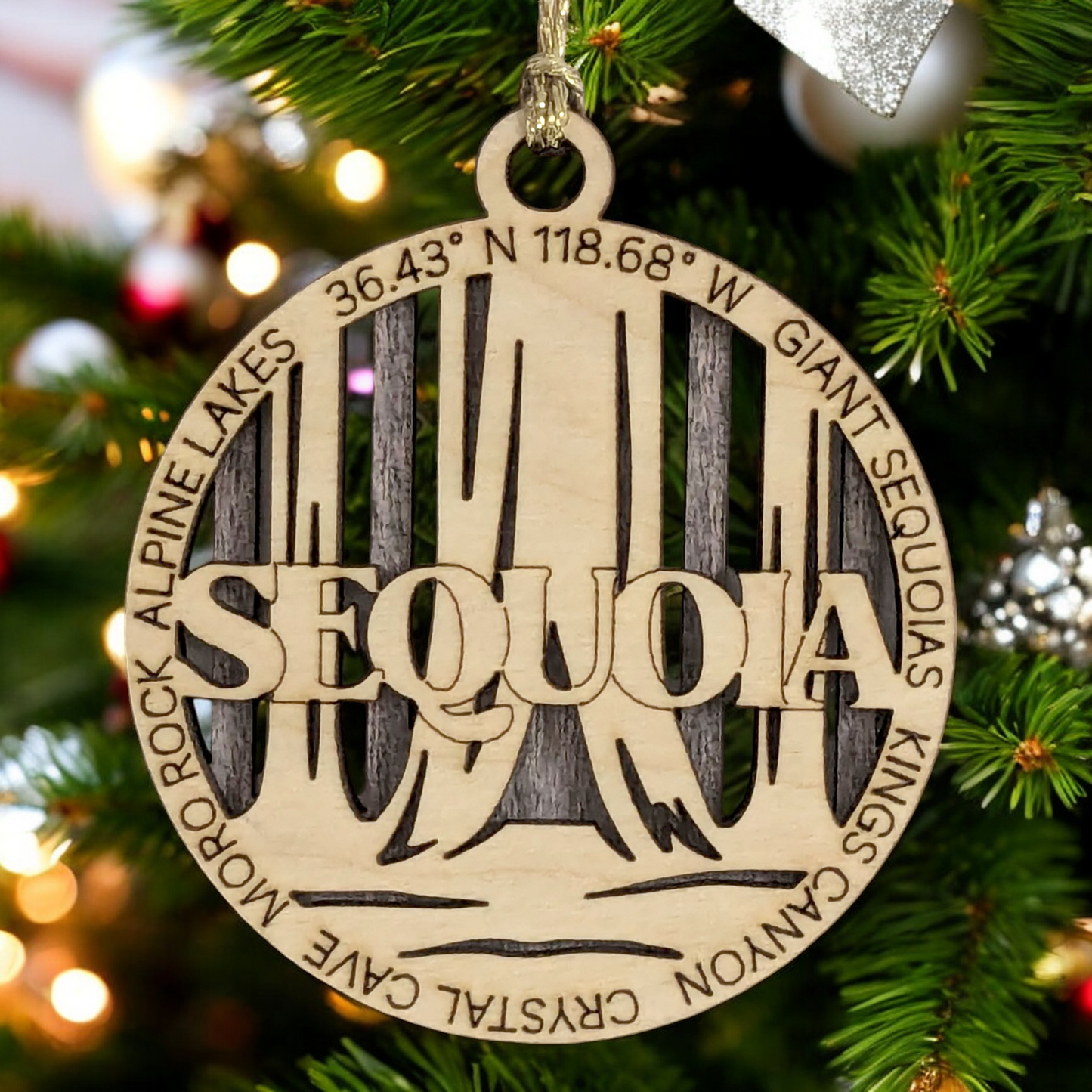 Sequoia National Park Rustic 3" Wood Ornament - Handmade in USA, Laser Cut Christmas Decoration with Forest Scene
