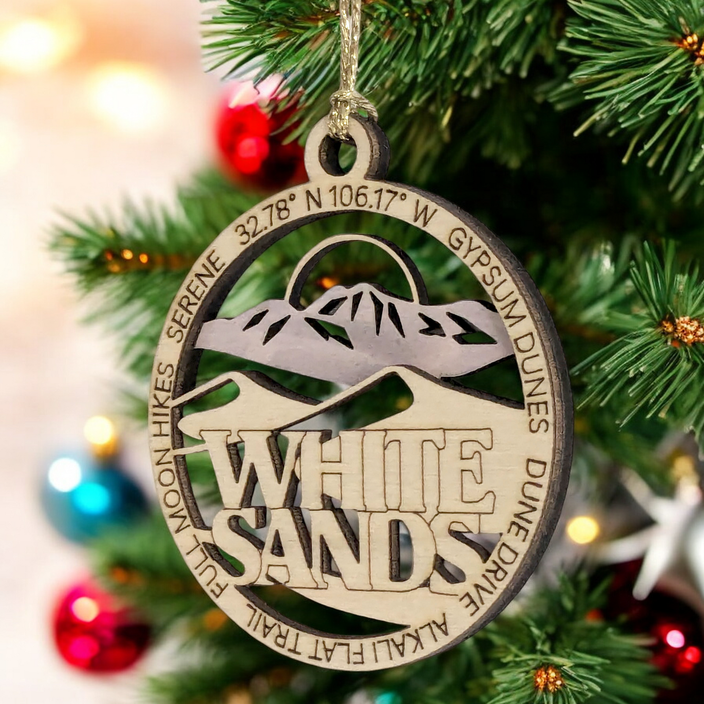 White Sands National Park 3" Wood Ornament - Handmade USA Christmas Decor, Gypsum Dunes Scene, Laser Cut 2-Layer Round Holiday Gift for Nature Lovers
