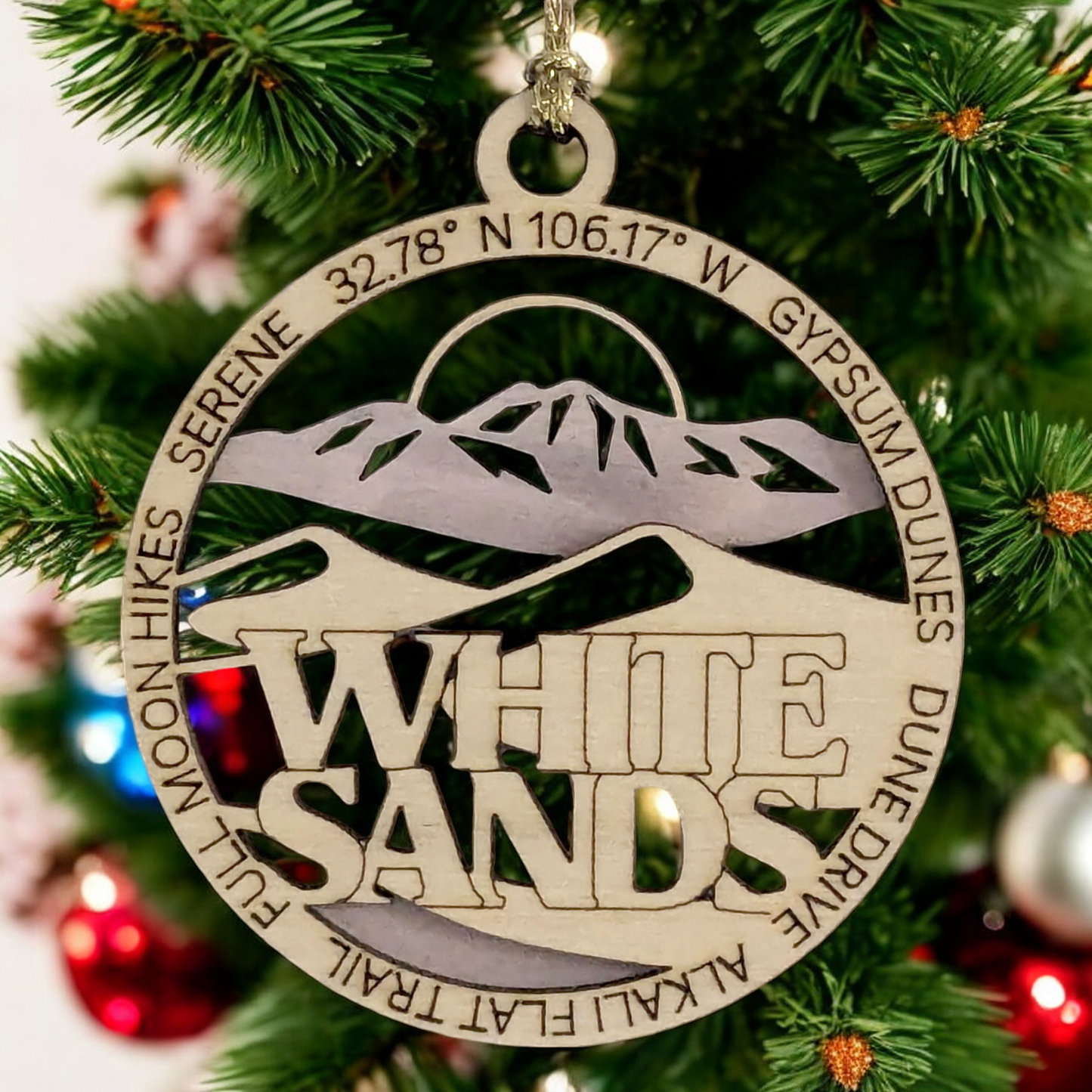 White Sands National Park 3" Wood Ornament - Handmade USA Christmas Decor, Gypsum Dunes Scene, Laser Cut 2-Layer Round Holiday Gift for Nature Lovers