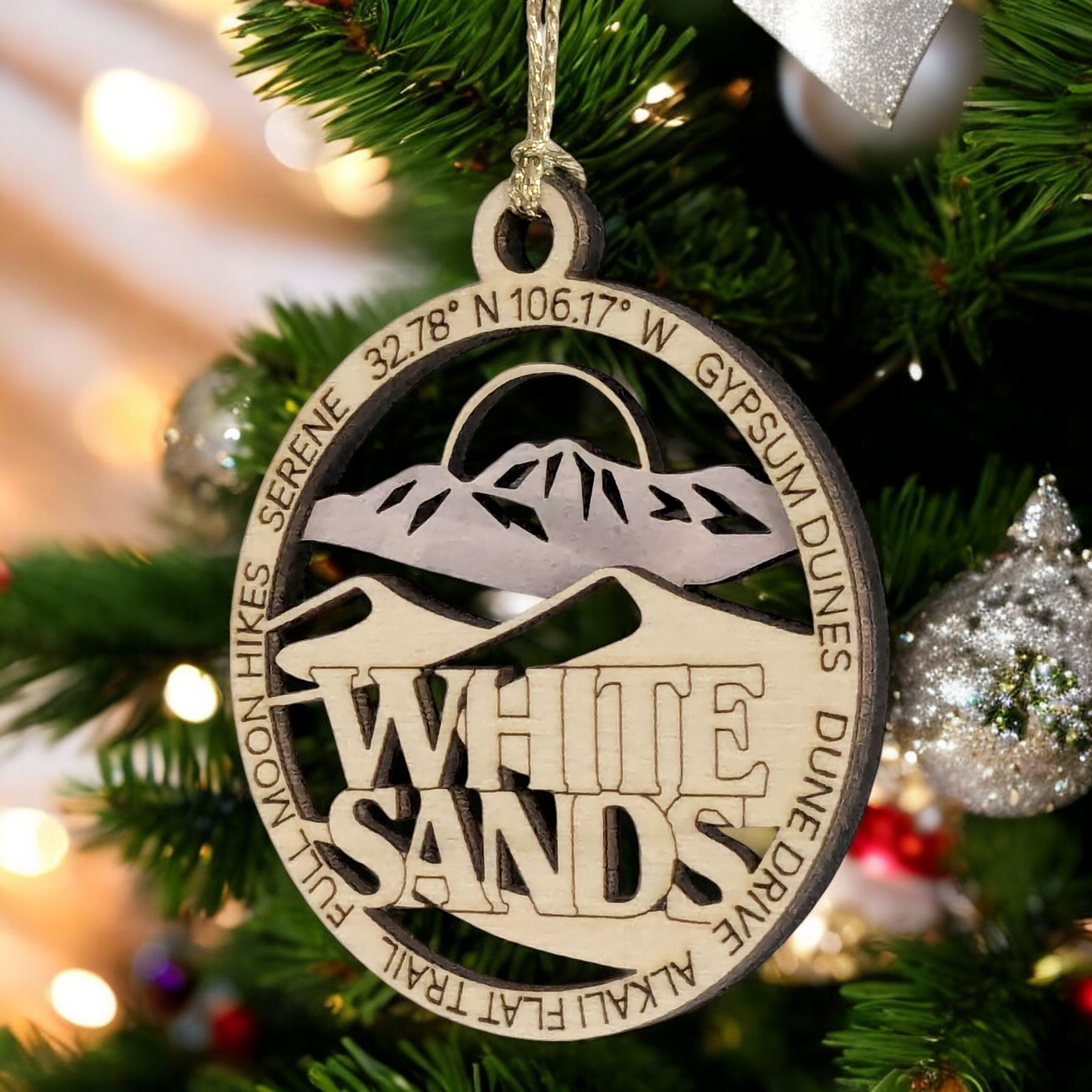 White Sands National Park 3" Wood Ornament - Handmade USA Christmas Decor, Gypsum Dunes Scene, Laser Cut 2-Layer Round Holiday Gift for Nature Lovers