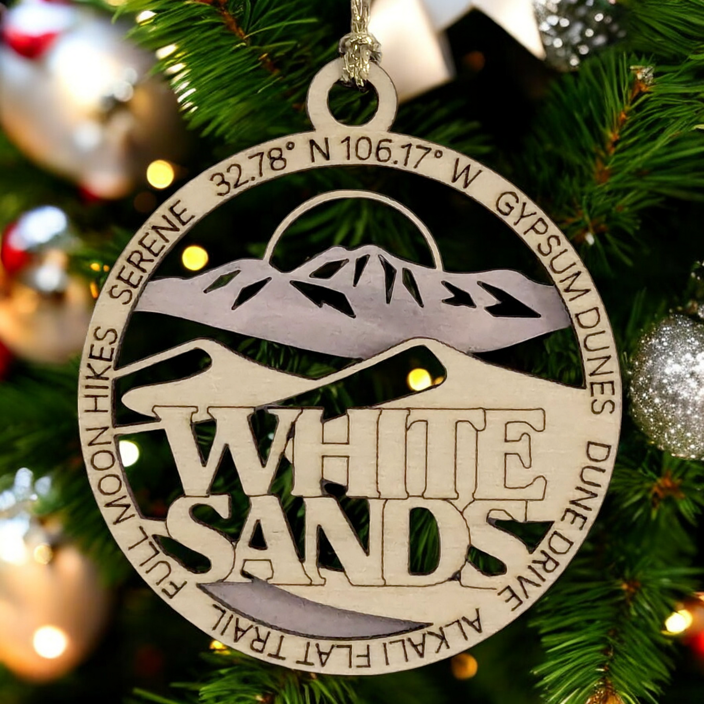 White Sands National Park 3" Wood Ornament - Handmade USA Christmas Decor, Gypsum Dunes Scene, Laser Cut 2-Layer Round Holiday Gift for Nature Lovers