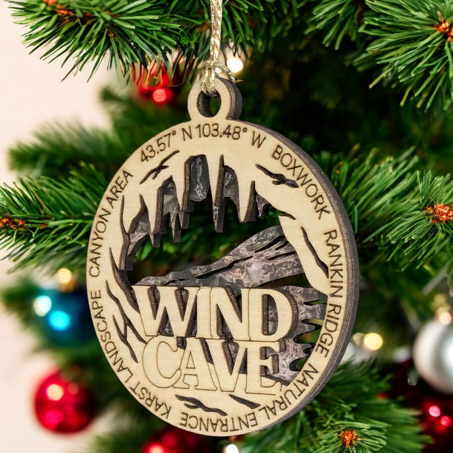 Wind Cave National Park with Natural Entrance - Scene 3" Wood Christmas Ornament- Laser Cut in USA