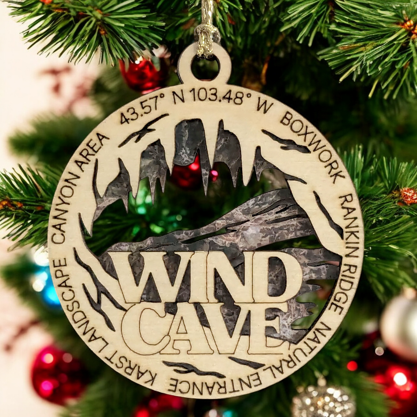 Wind Cave National Park with Natural Entrance - Scene 3" Wood Christmas Ornament- Laser Cut in USA