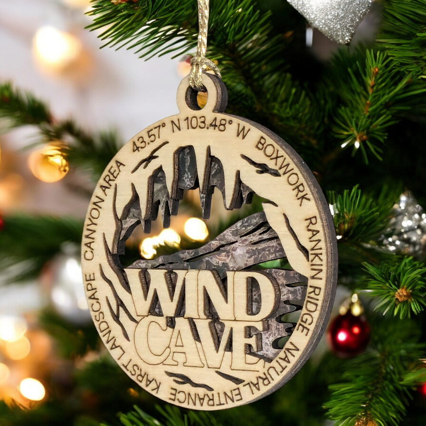 Wind Cave National Park with Natural Entrance - Scene 3" Wood Christmas Ornament- Laser Cut in USA