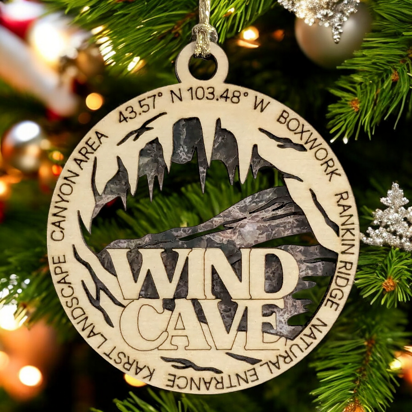 Wind Cave National Park with Natural Entrance - Scene 3" Wood Christmas Ornament- Laser Cut in USA