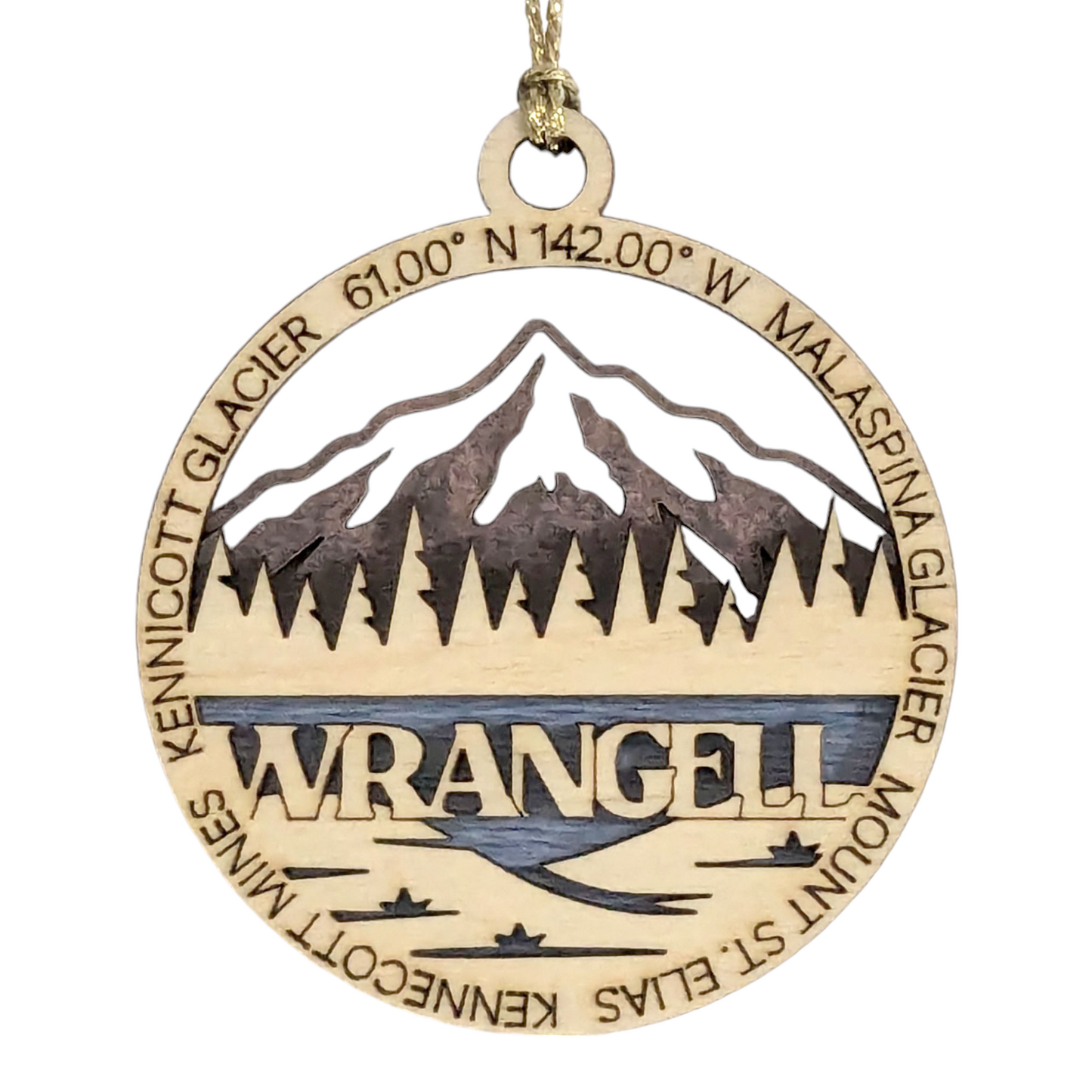 Wrangell National Park 3" Wood Ornament - Laser Cut Alaska Scene with Malaspina Glacier - Handmade Decor Made in USA