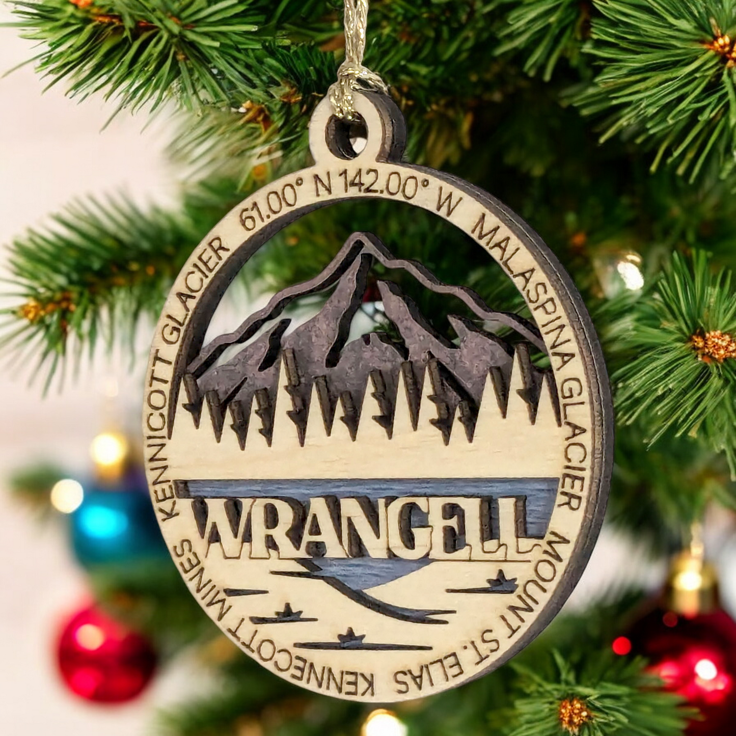 Wrangell National Park 3" Wood Ornament - Laser Cut Alaska Scene with Malaspina Glacier - Handmade Decor Made in USA