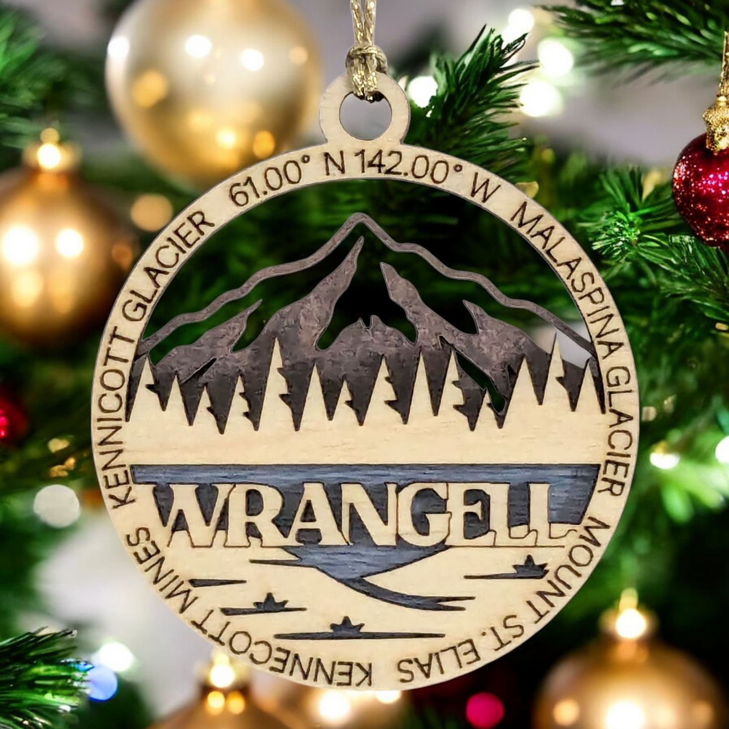Wrangell National Park 3" Wood Ornament - Laser Cut Alaska Scene with Malaspina Glacier - Handmade Decor Made in USA