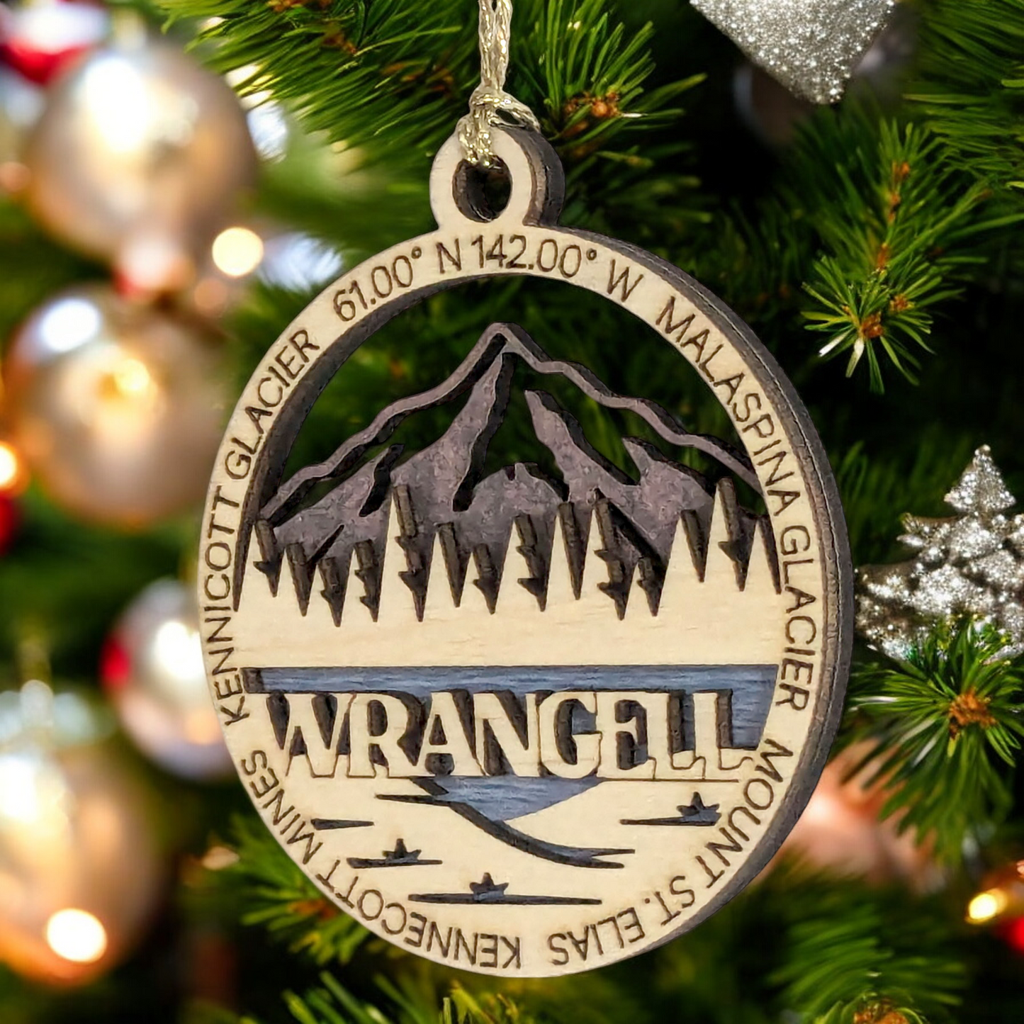 Wrangell National Park 3" Wood Ornament - Laser Cut Alaska Scene with Malaspina Glacier - Handmade Decor Made in USA