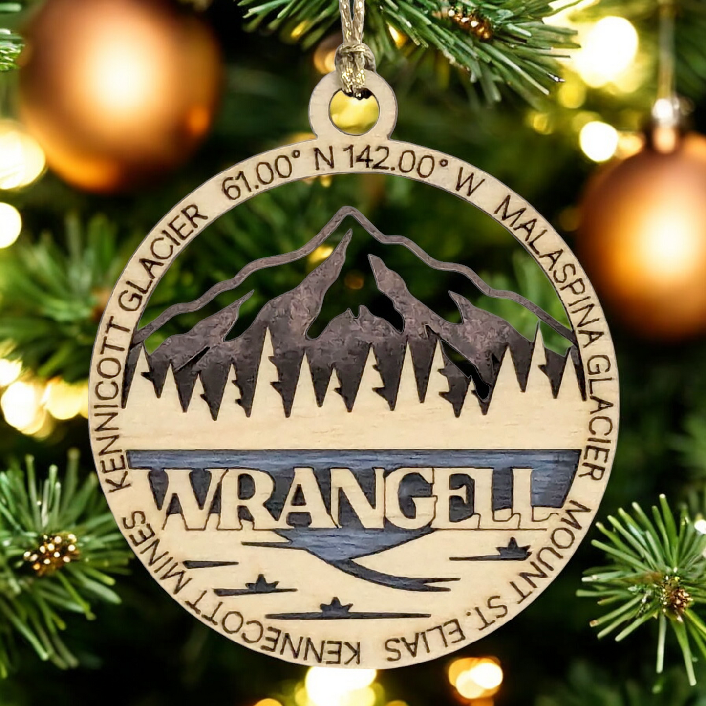 Wrangell National Park 3" Wood Ornament - Laser Cut Alaska Scene with Malaspina Glacier - Handmade Decor Made in USA