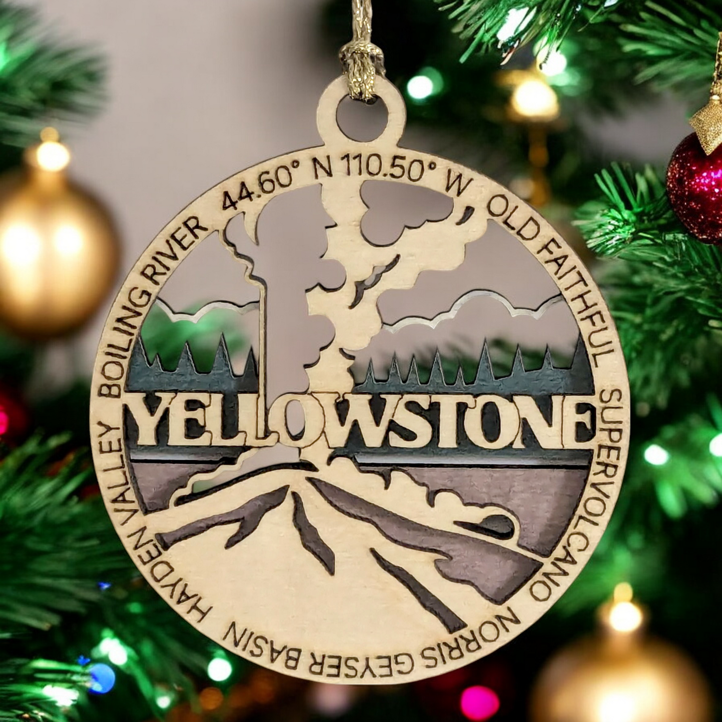 Yellowstone National Park Wood Ornament - Old Faithful Geyser Christmas Tree Decoration, Handmade in USA