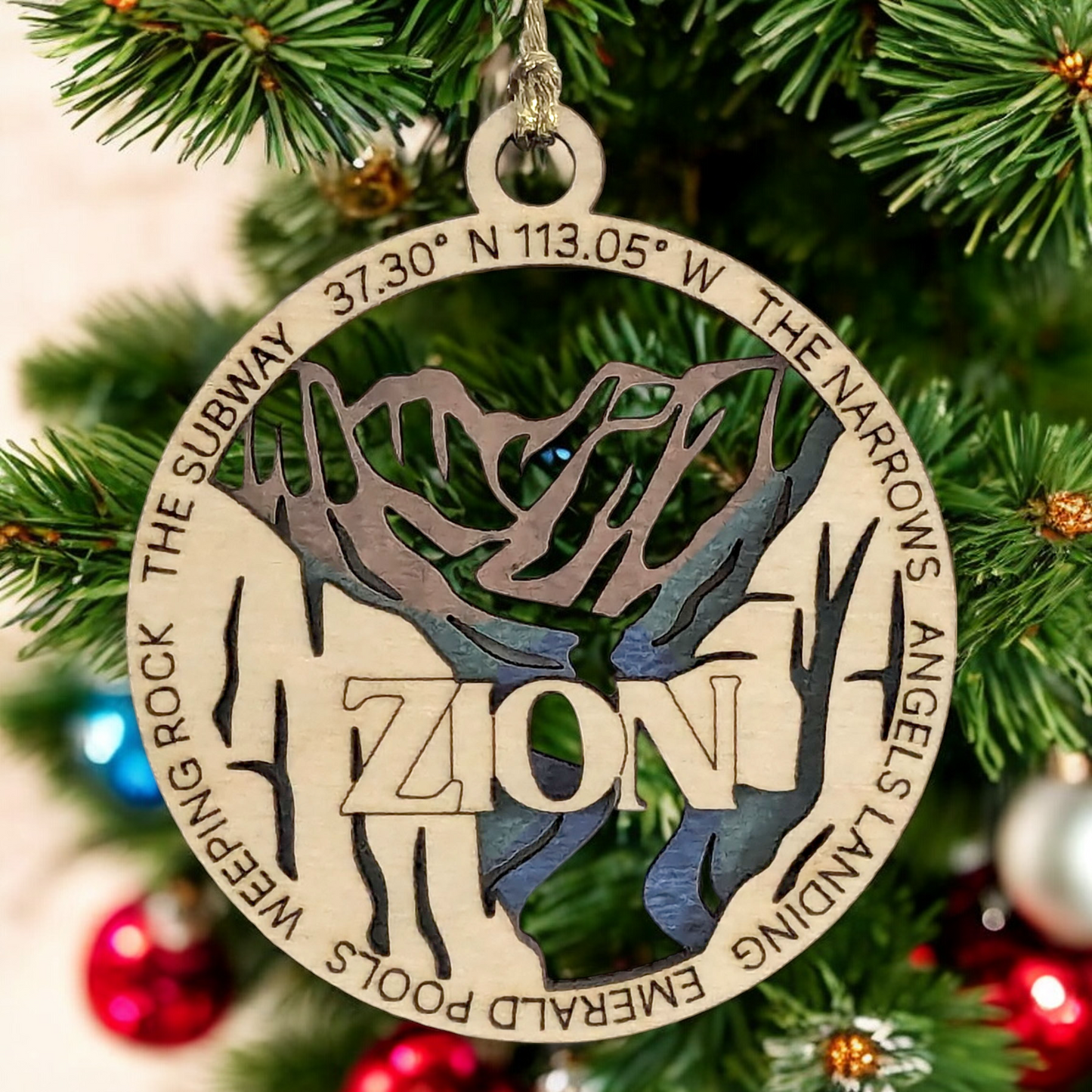 Zion National Park Natural Wood Ornament - 3" Laser Cut, 2 Layer Design, Handmade USA, Christmas Tree Decor, Scenic Landscape Souvenir