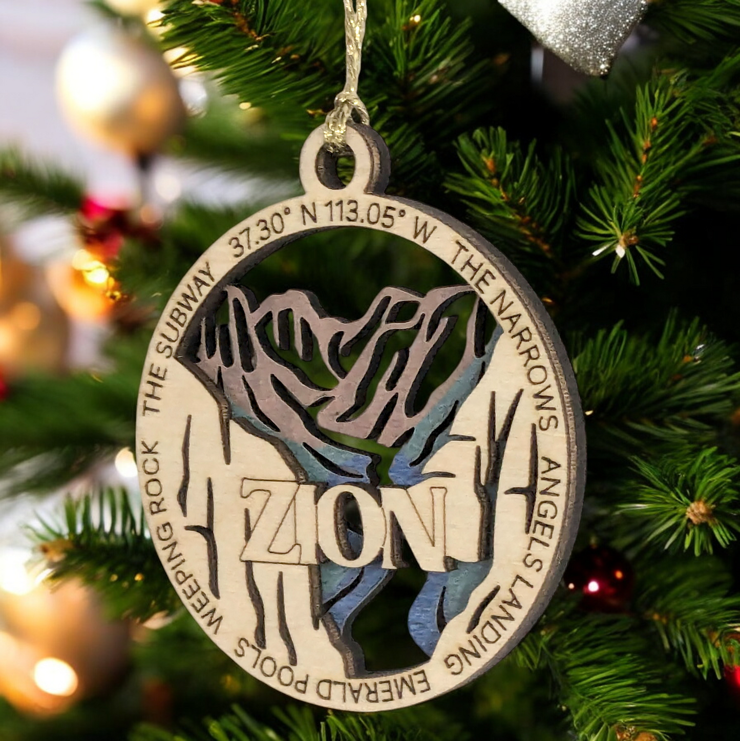 Zion National Park Natural Wood Ornament - 3" Laser Cut, 2 Layer Design, Handmade USA, Christmas Tree Decor, Scenic Landscape Souvenir