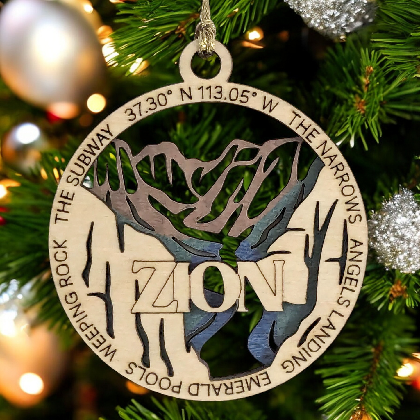 Zion National Park Natural Wood Ornament - 3" Laser Cut, 2 Layer Design, Handmade USA, Christmas Tree Decor, Scenic Landscape Souvenir