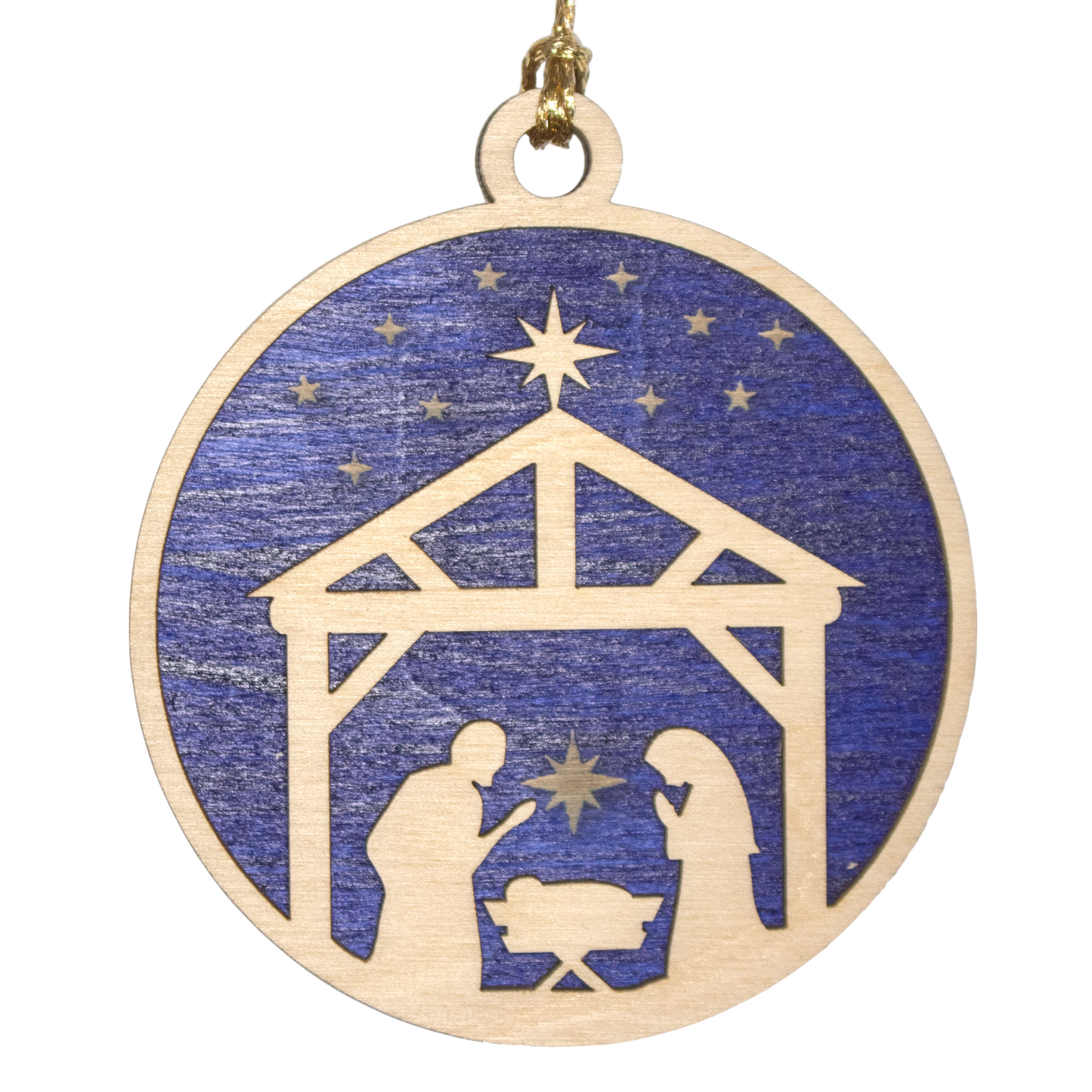Handcrafted Wooden Nativity Ornament - 3" Laser Cut Christmas Decoration, Stable Scene with Holy Family, Made in USA