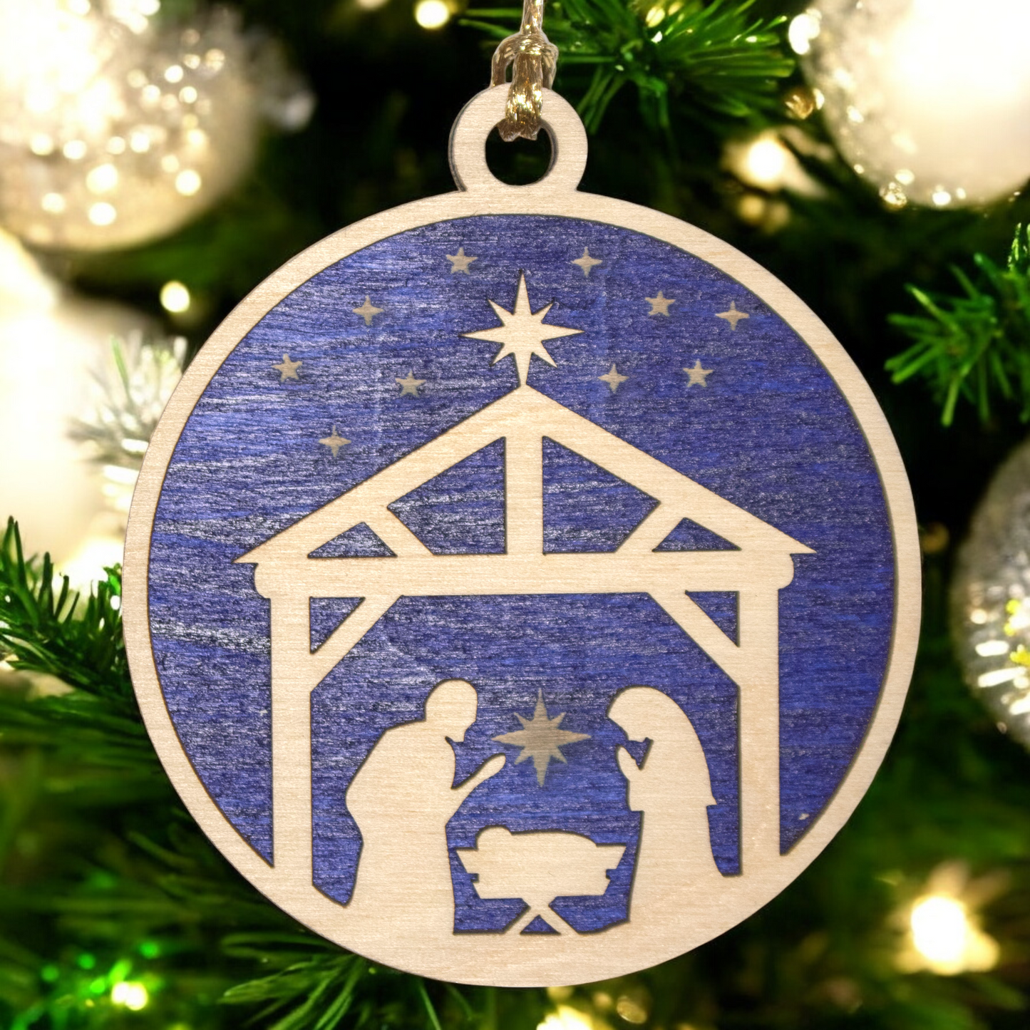 Handcrafted Wooden Nativity Ornament - 3" Laser Cut Christmas Decoration, Stable Scene with Holy Family, Made in USA