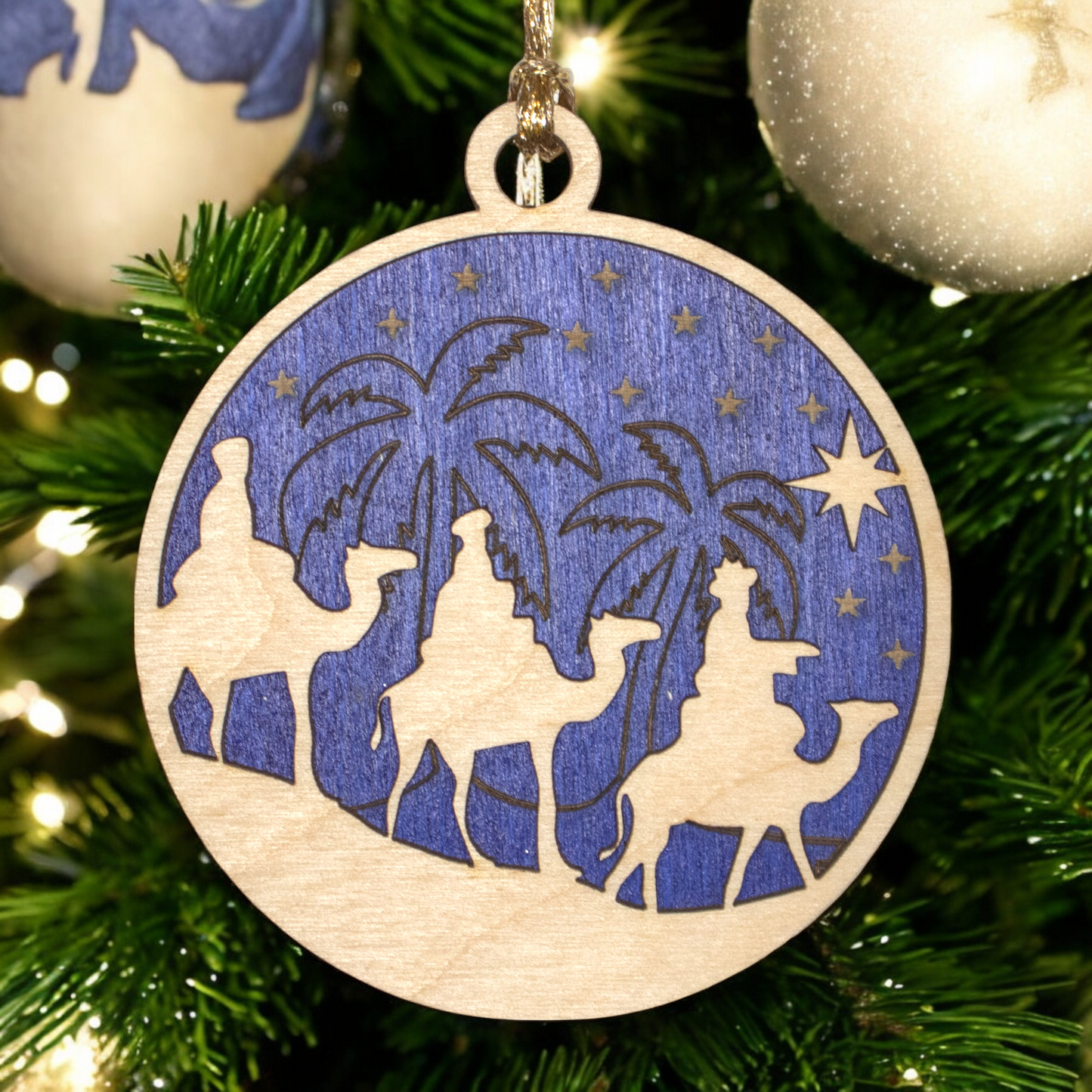 Three Wise Men Christmas Ornament - 3" Round Wood Nativity Scene, Laser Engraved Holiday Decor, Handmade in Oregon