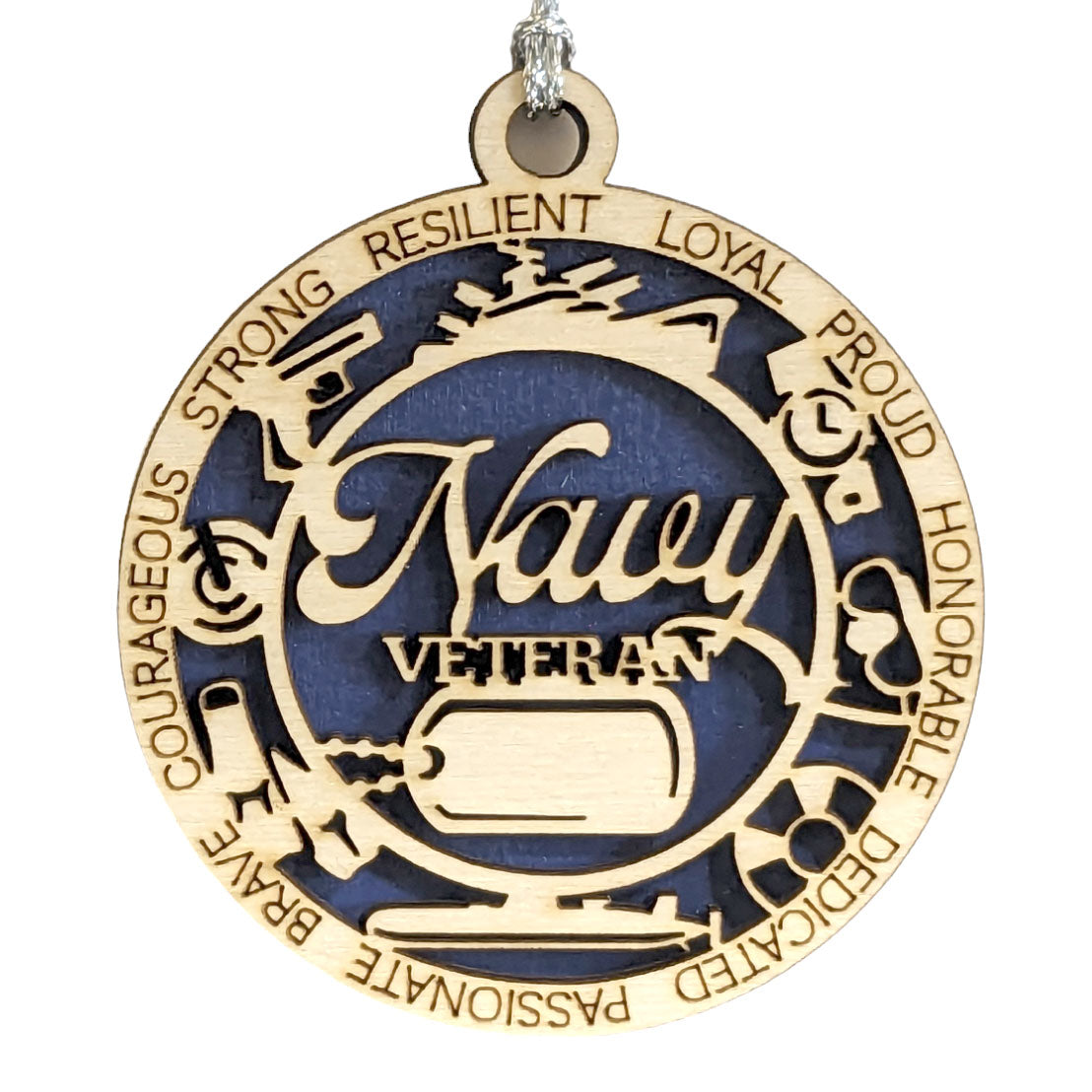 Navy Veteran Tribute Ornament - Customizable Wood Keepsake with Military Icons and Personalized Dog Tags