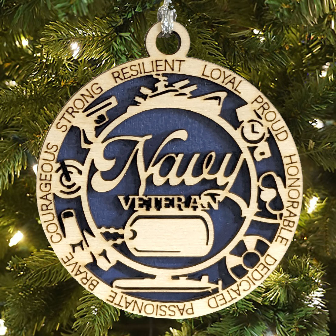 Navy Veteran Tribute Ornament - Customizable Wood Keepsake with Military Icons and Personalized Dog Tags