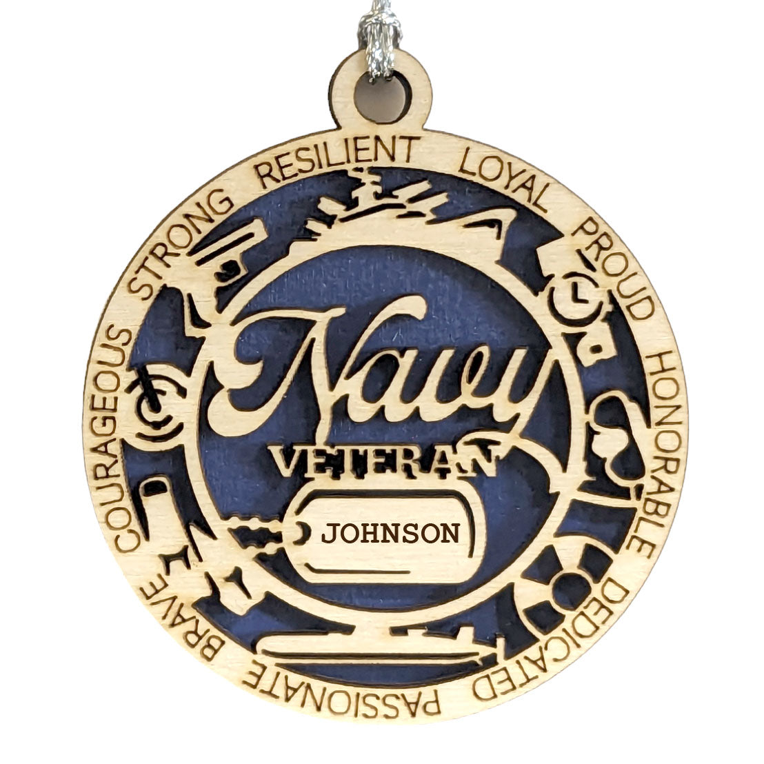 Navy Veteran Tribute Ornament - Customizable Wood Keepsake with Military Icons and Personalized Dog Tags