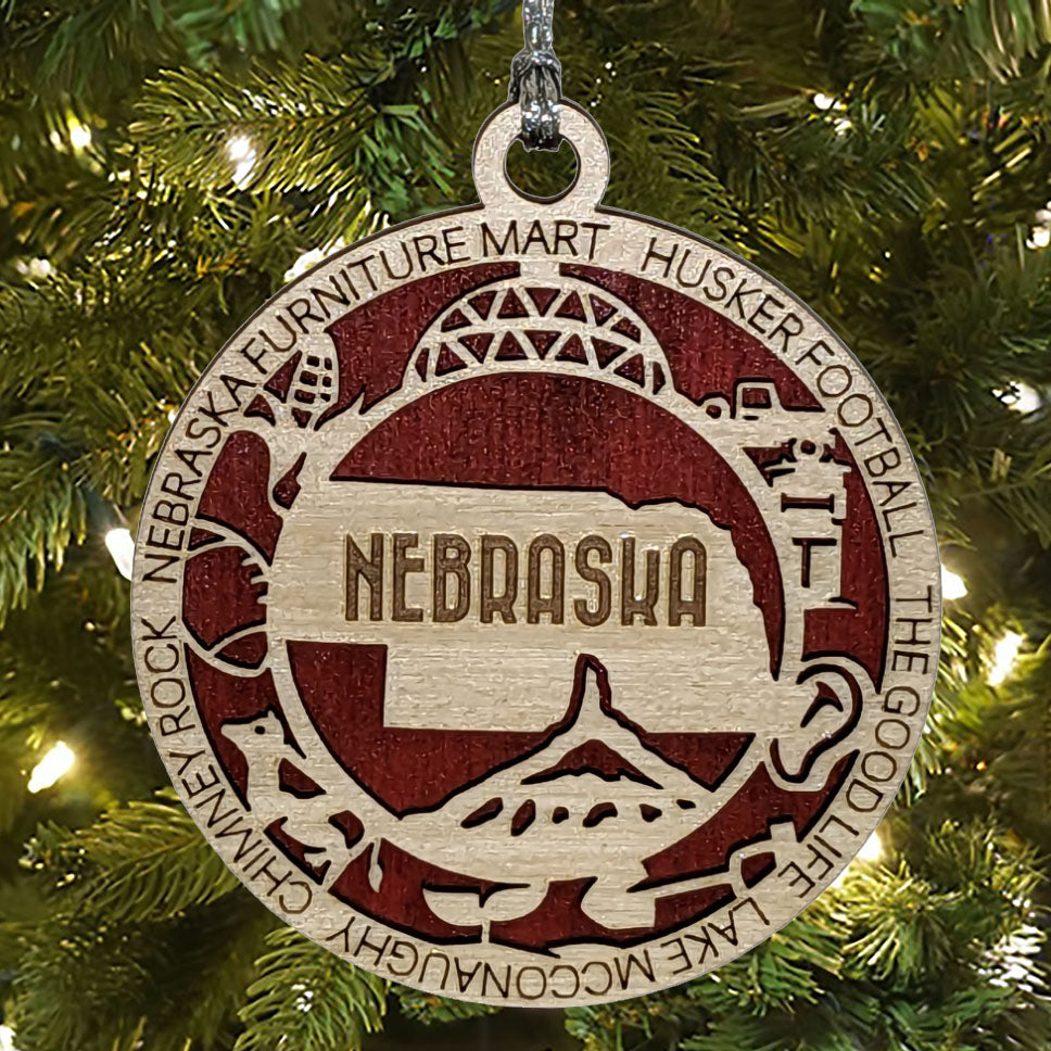 Nebraska State Pride 3D Wood Laser Cut Ornament: Featuring Iconic Nebraska Symbols and Custom Background Colors