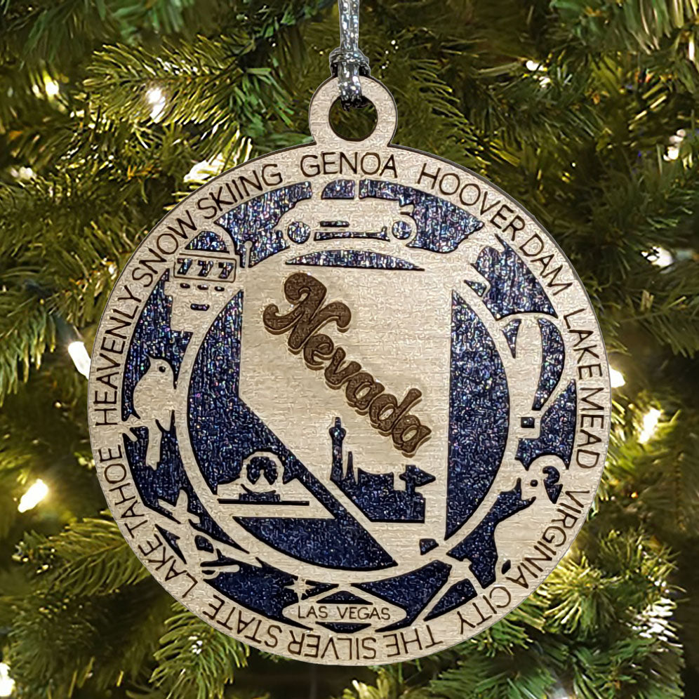 Nevada State Pride 3D Wood Laser Cut Ornament: Featuring Iconic Nevada Symbols and Custom Background Colors