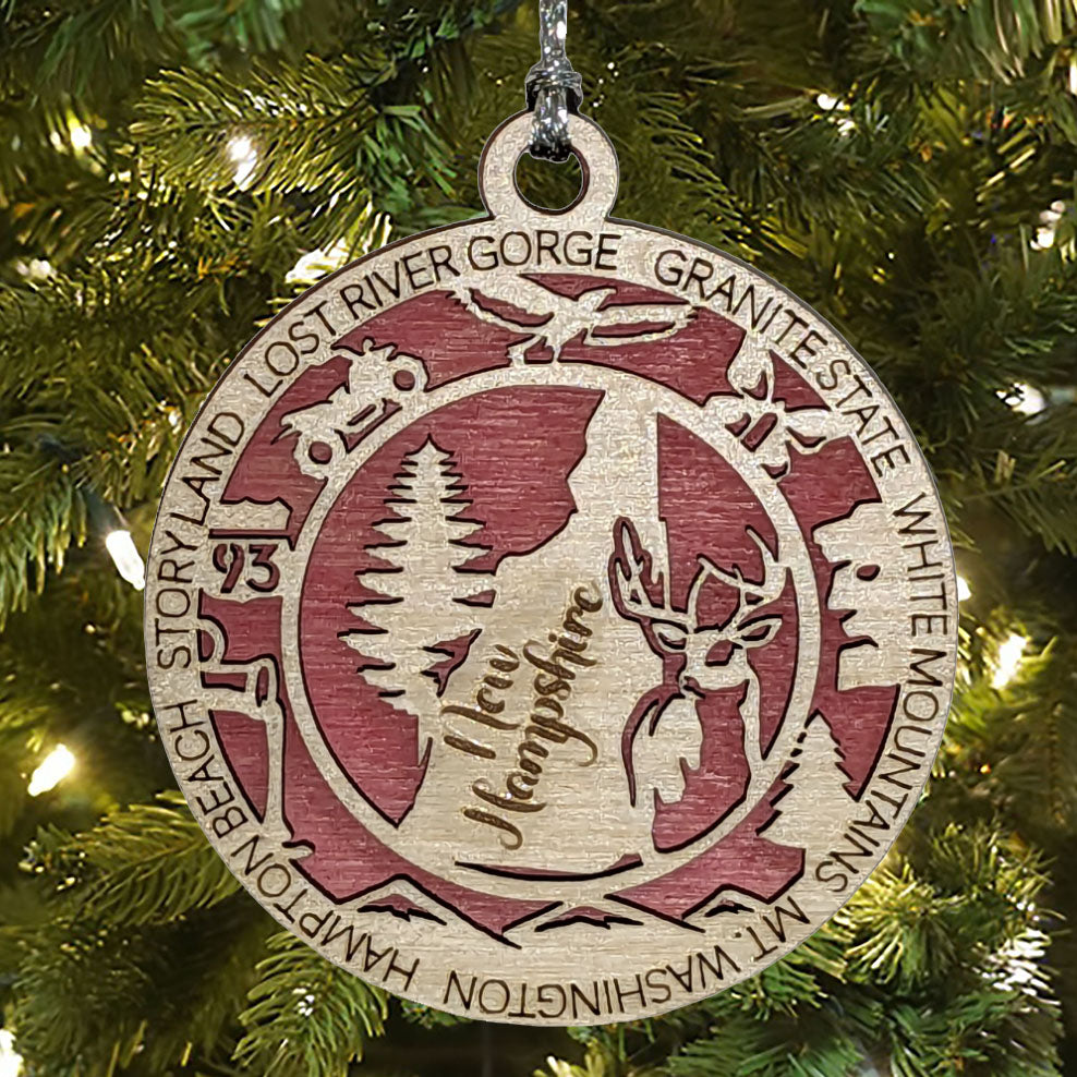 New Hampshire State Pride 3D Wood Laser Cut Ornament: Featuring Iconic New Hampshire Symbols and Custom Background Colors