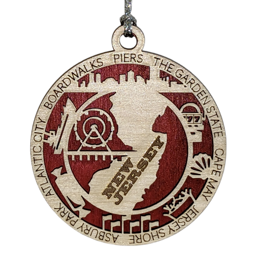 New Jersey State Pride 3D Wood Laser Cut Ornament: Featuring Iconic New Jersey Symbols and Custom Background Colors