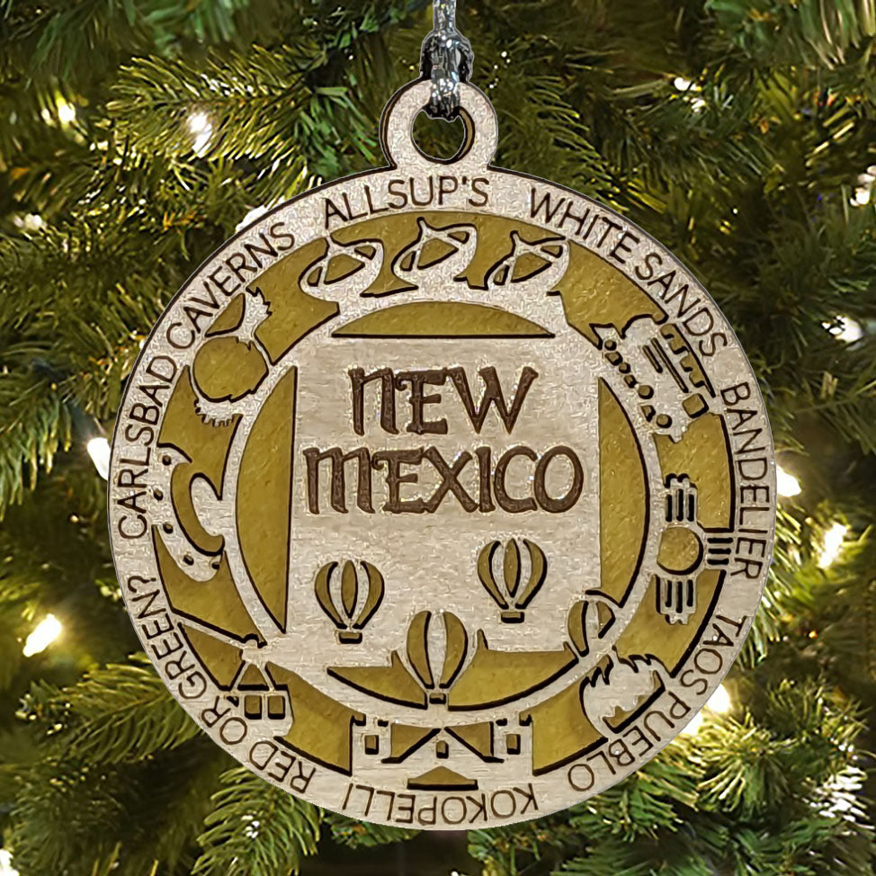 New Mexico State Pride 3D Wood Laser Cut Ornament: Featuring Iconic New Mexico Symbols and Custom Background Colors
