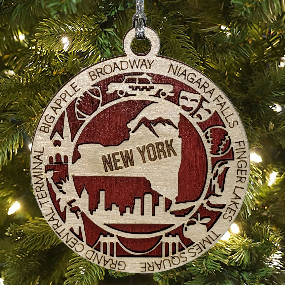 New York State Pride 3D Wood Laser Cut Ornament: Featuring Iconic New York Symbols and Custom Background Colors