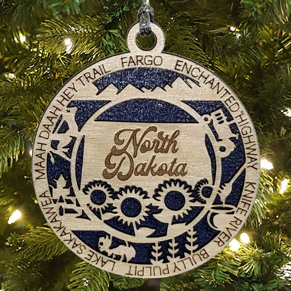 North Dakota State Pride 3D Wood Laser Cut Ornament: Featuring Iconic North Dakota Symbols and Custom Background Colors