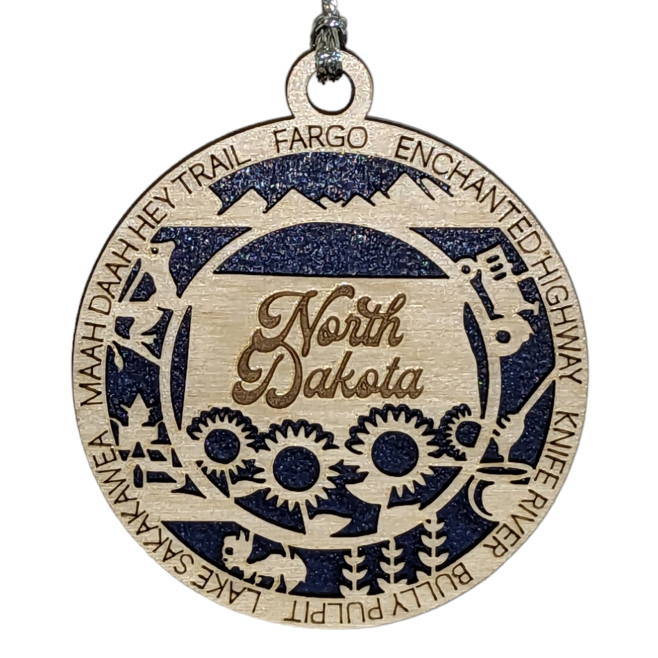 North Dakota State Pride 3D Wood Laser Cut Ornament: Featuring Iconic North Dakota Symbols and Custom Background Colors