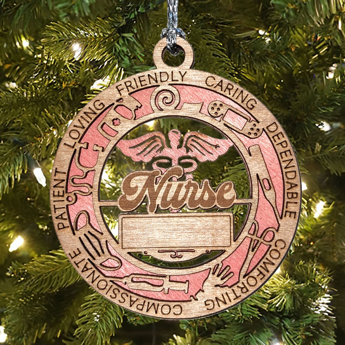 Handcrafted 3" Round Wooden Nurse Christmas Ornament, 2-Layer Laser Cut Design, Customizable Text & Color Background, USA Made, Medical Icons: Stethoscope, Syringe, Band Aid, Perfect Gift!