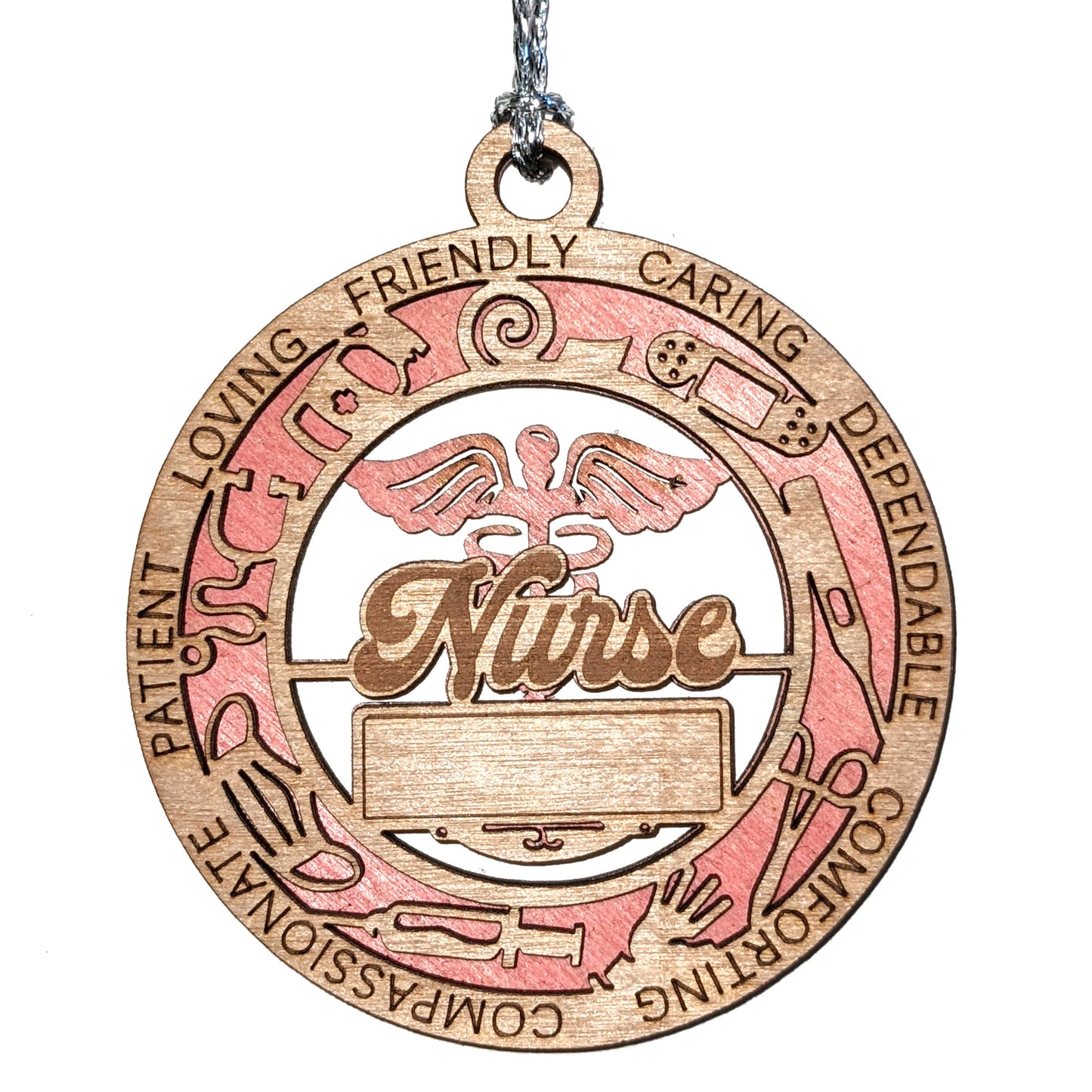 Handcrafted 3" Round Wooden Nurse Christmas Ornament, 2-Layer Laser Cut Design, Customizable Text & Color Background, USA Made, Medical Icons: Stethoscope, Syringe, Band Aid, Perfect Gift!